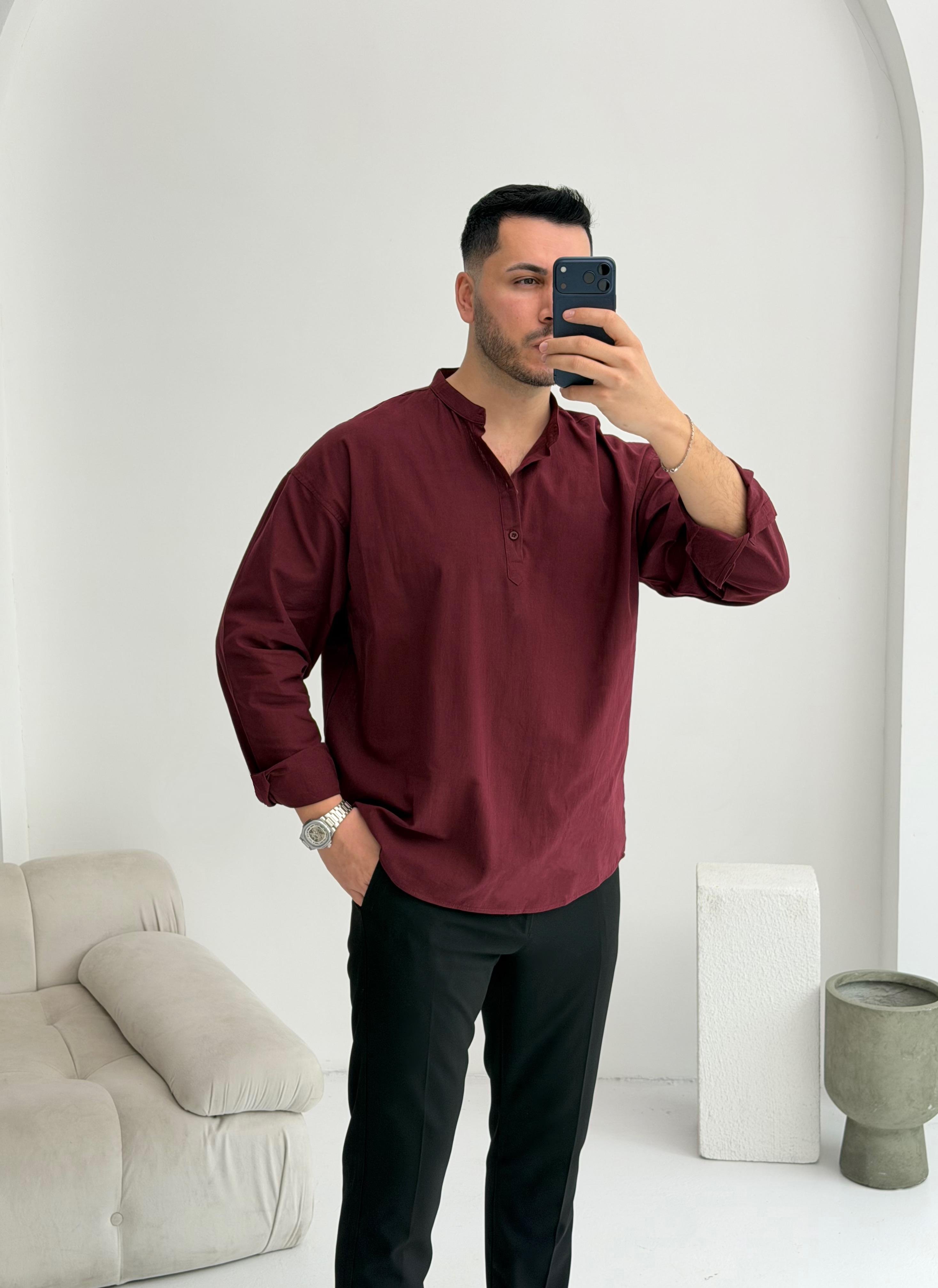 Yarım Pat Bordo Oversize Keten Gömlek 