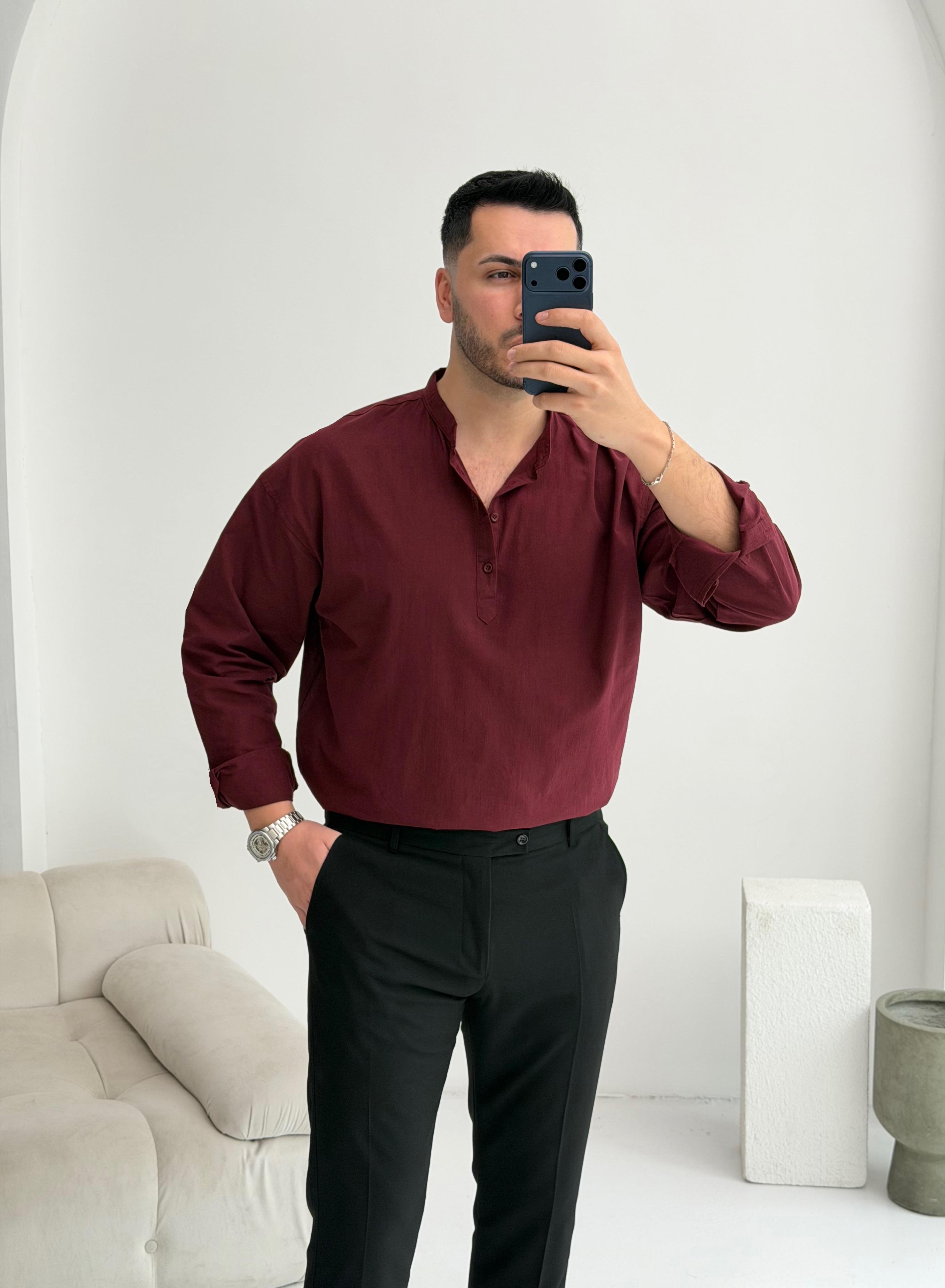 Yarım Pat Bordo Oversize Keten Gömlek 