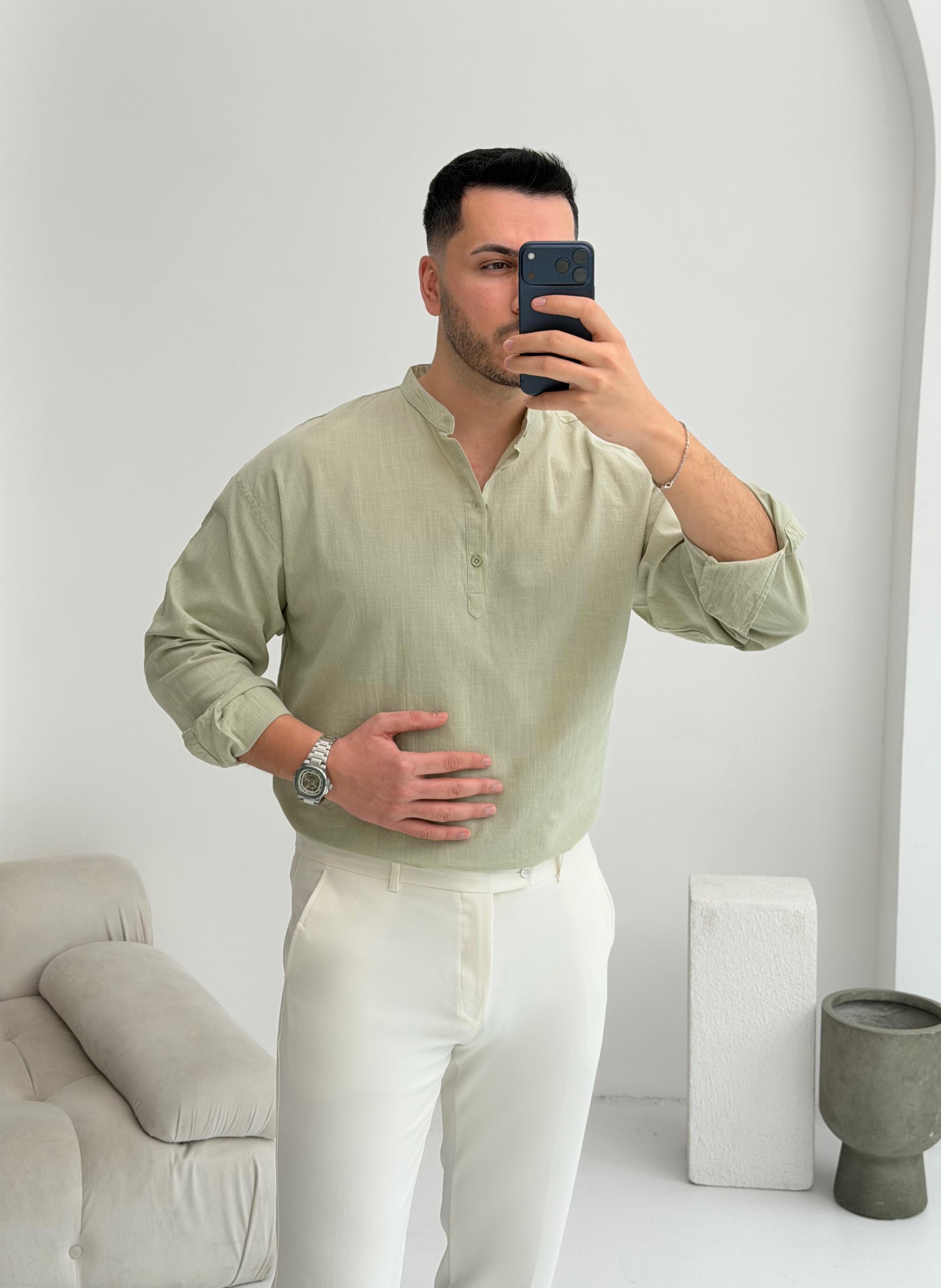 Yarım Pat Çağla Oversize Keten Gömlek 