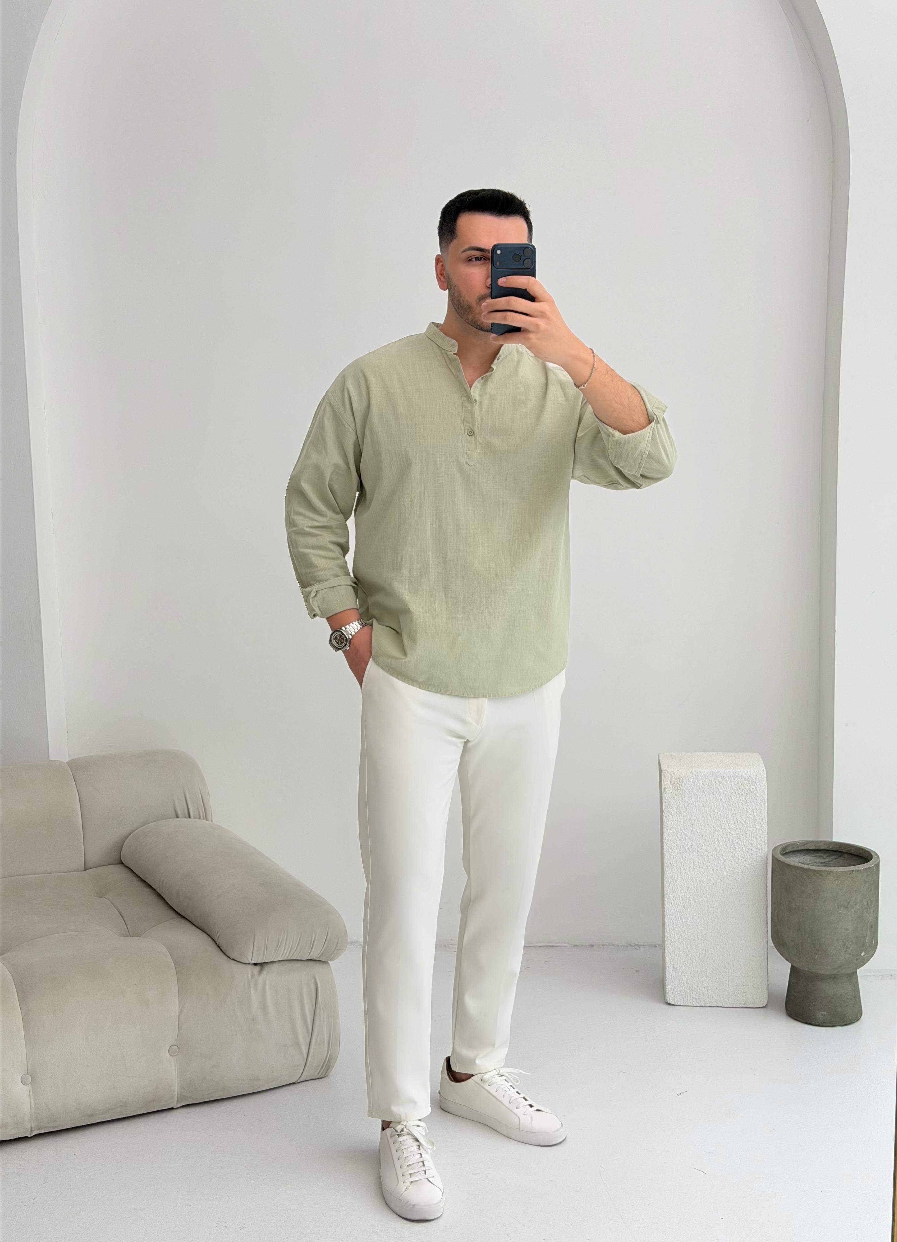 Yarım Pat Çağla Oversize Keten Gömlek 