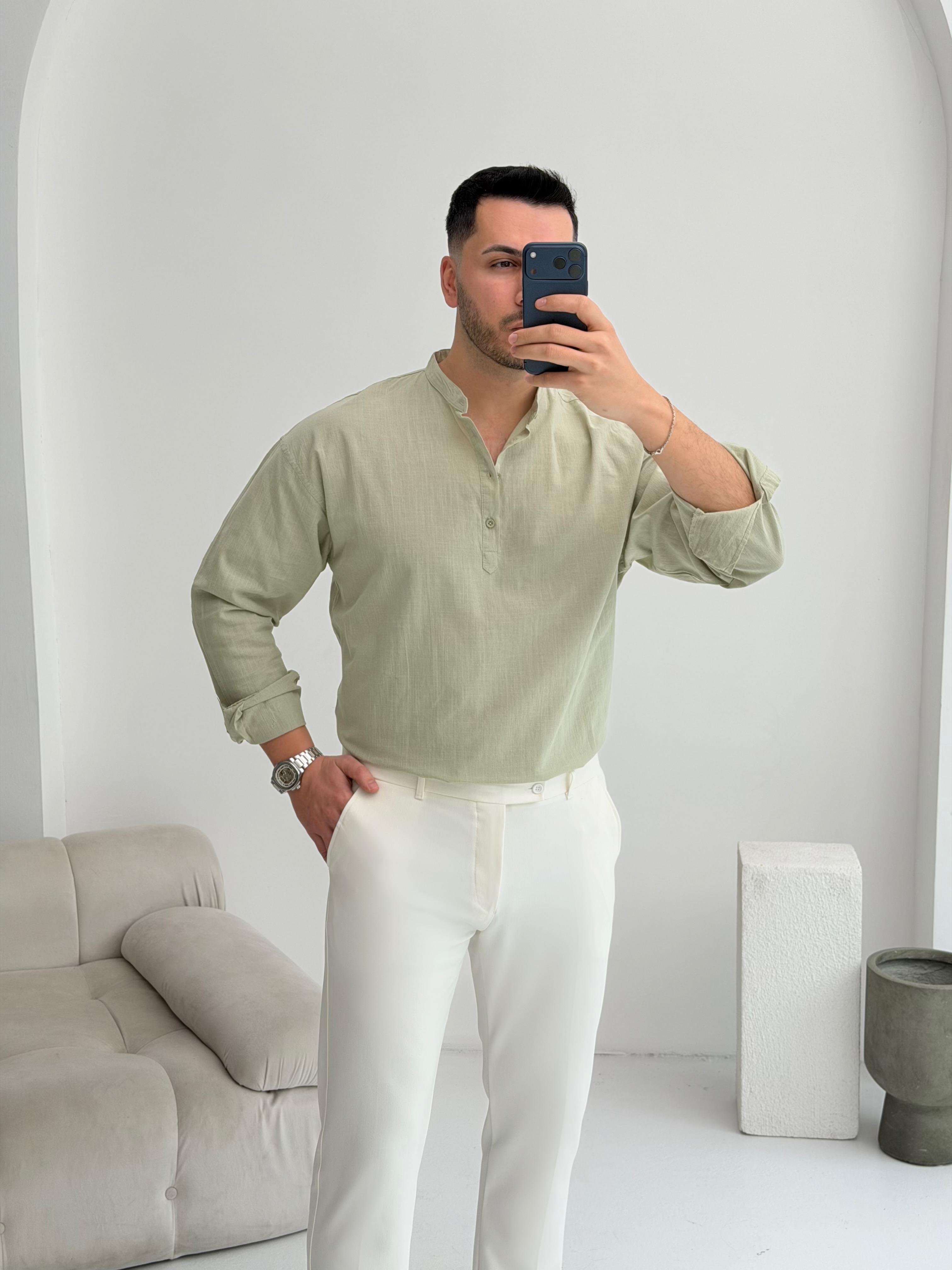 Yarım Pat Çağla Oversize Keten Gömlek 