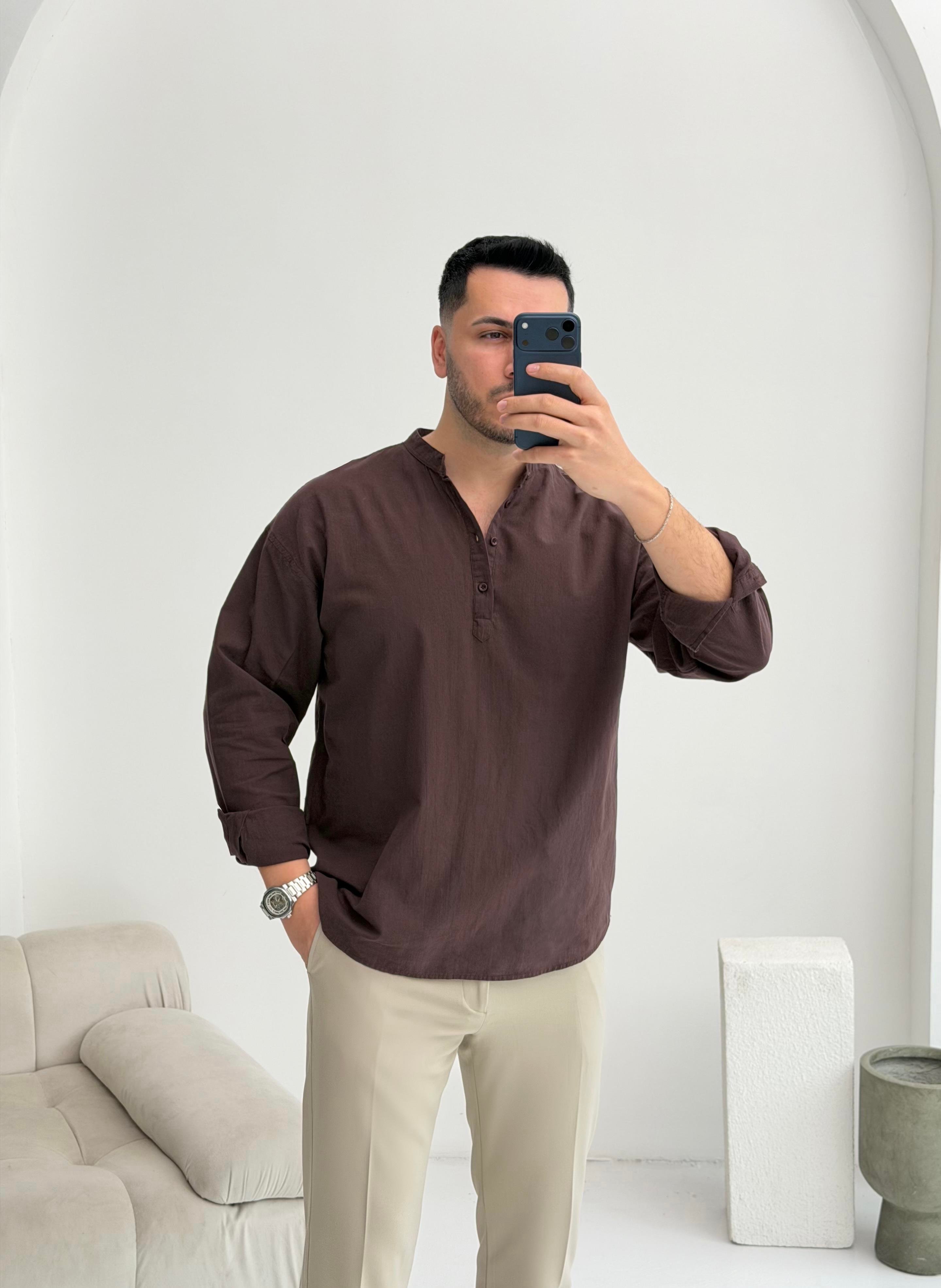 Yarım Pat Kahve Oversize Keten Gömlek 