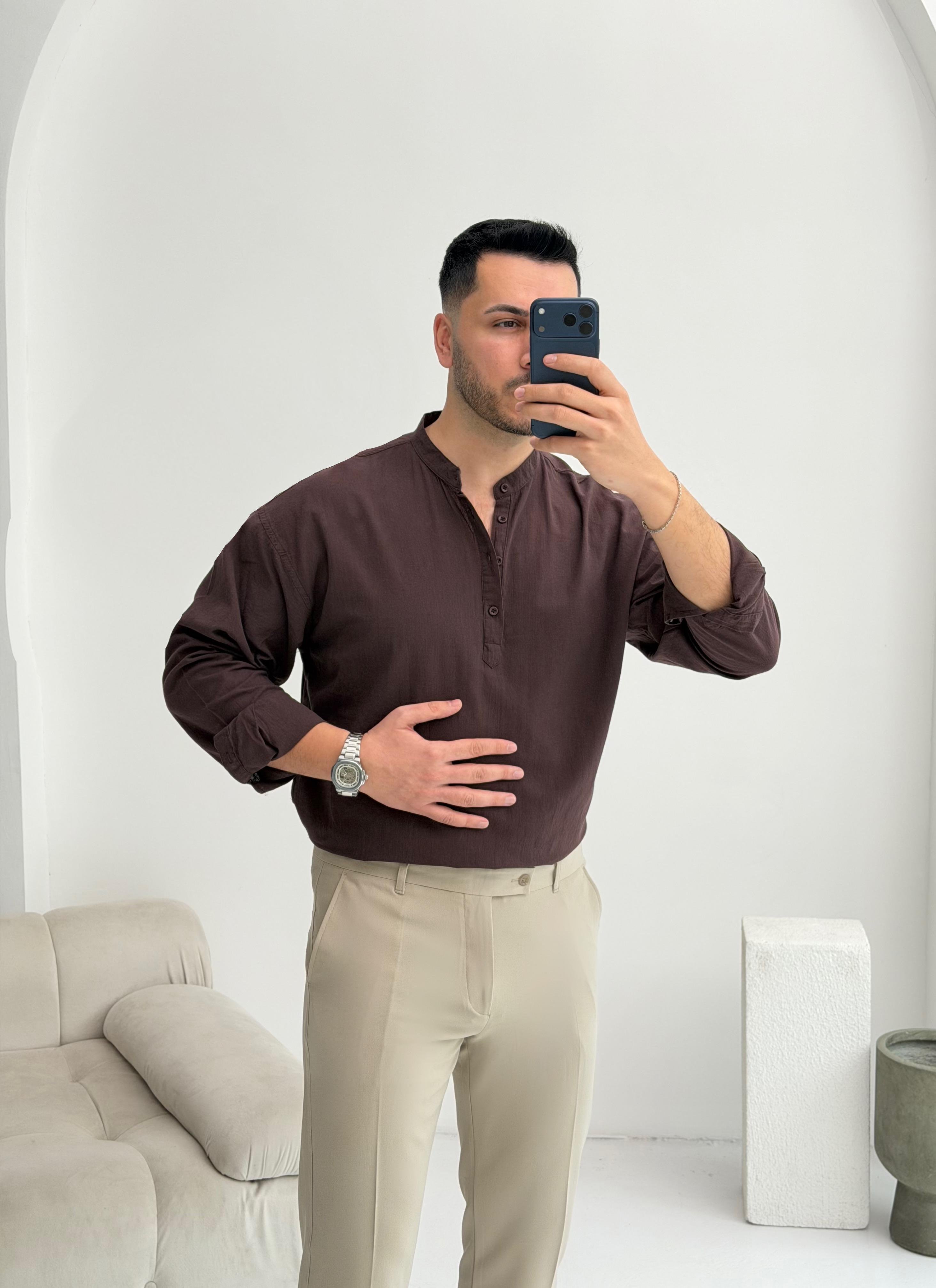Yarım Pat Kahve Oversize Keten Gömlek 