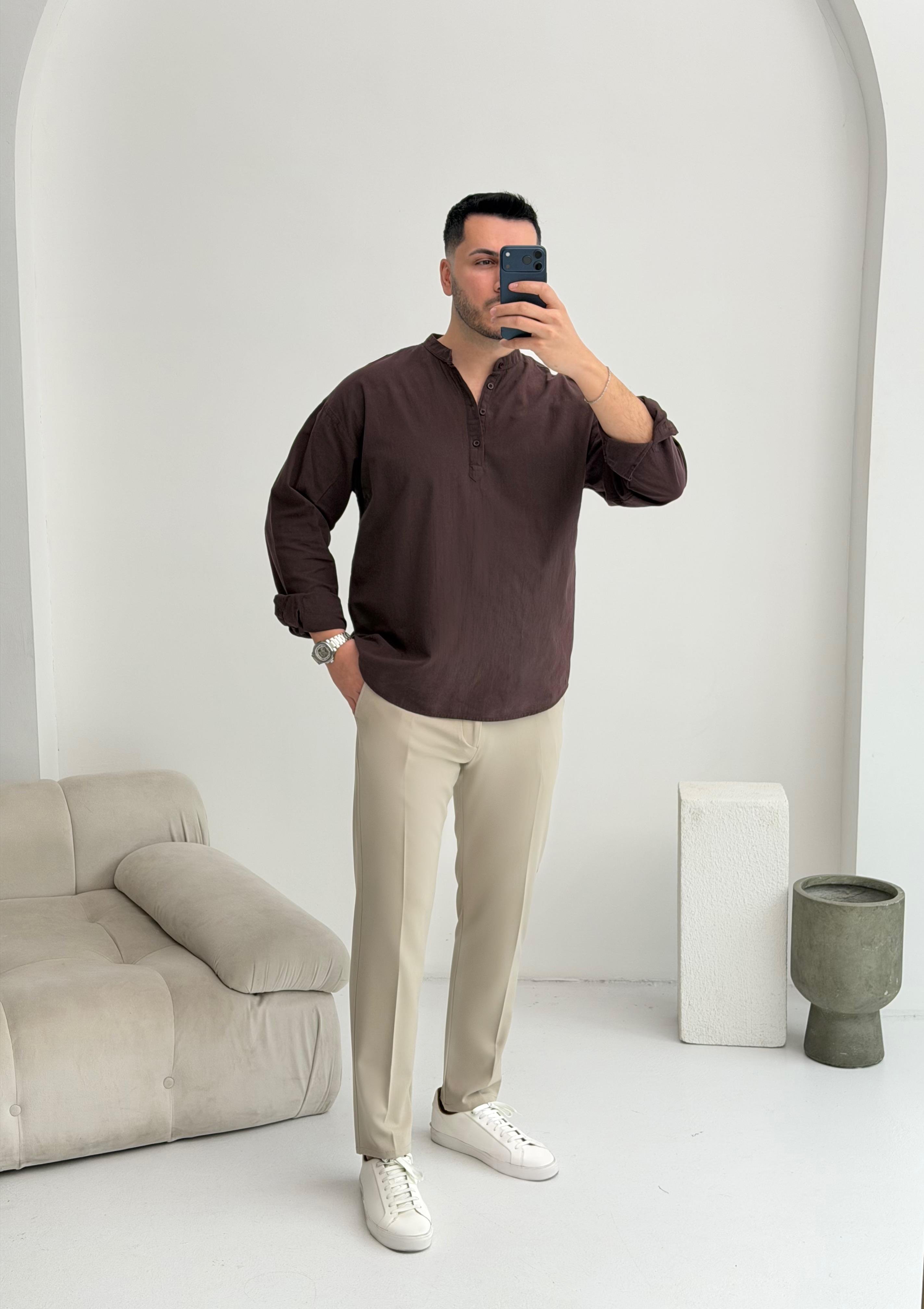Yarım Pat Kahve Oversize Keten Gömlek 