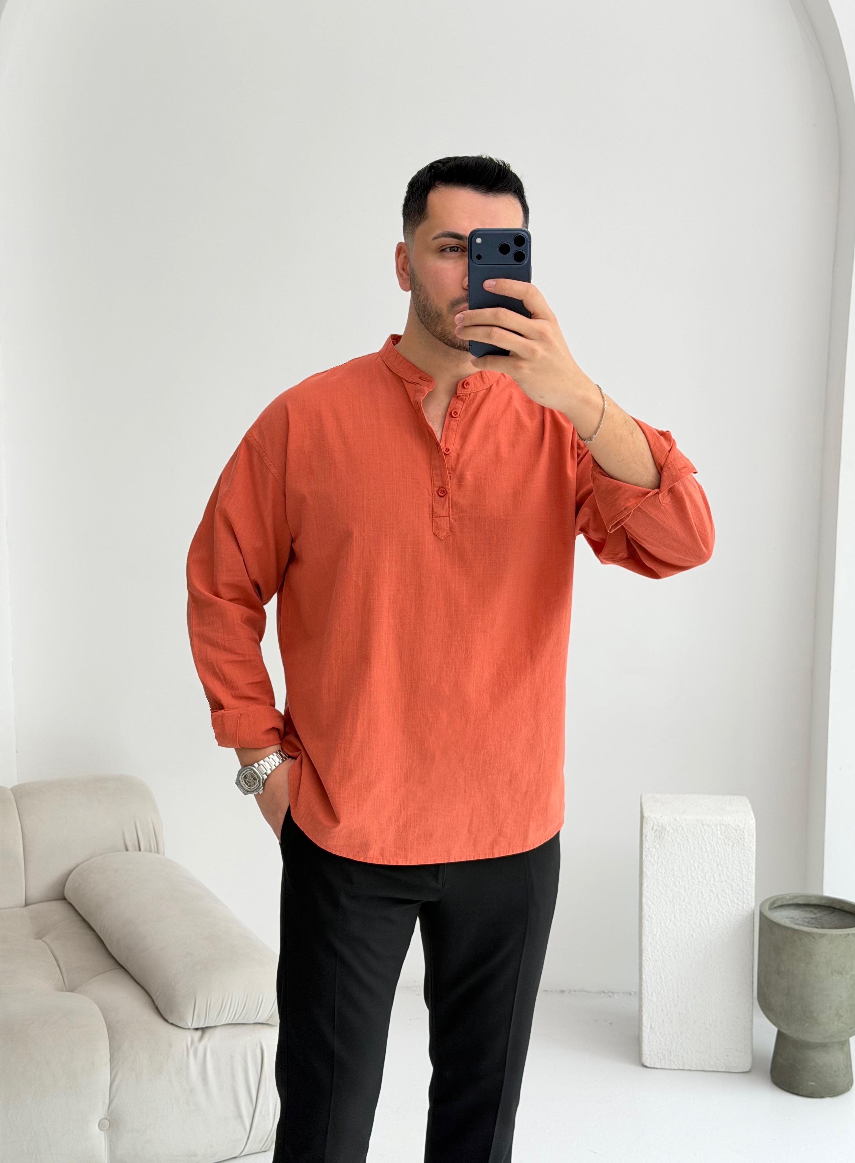 Yarım Pat Kiremit Oversize Keten Gömlek 