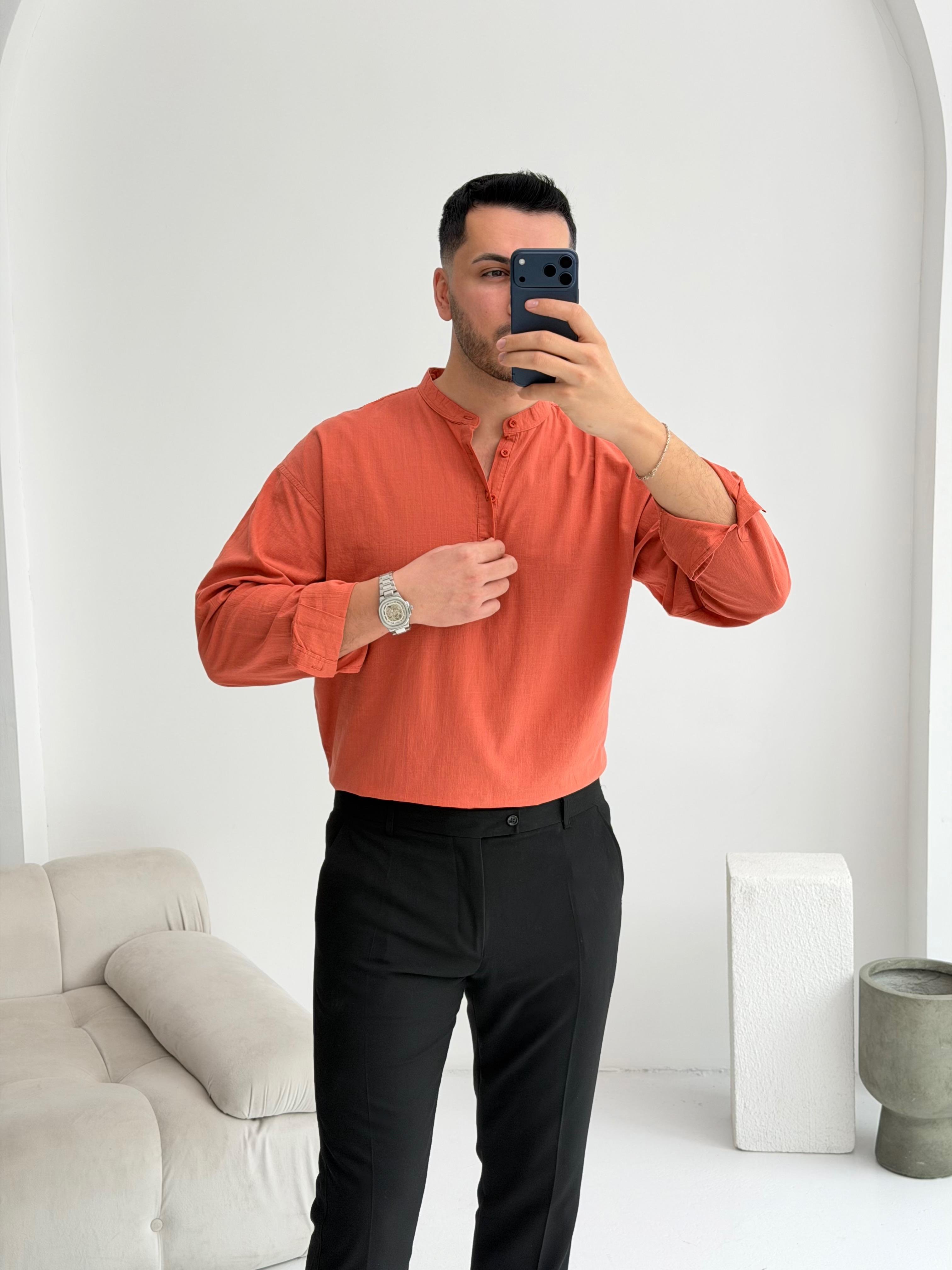 Yarım Pat Kiremit Oversize Keten Gömlek 