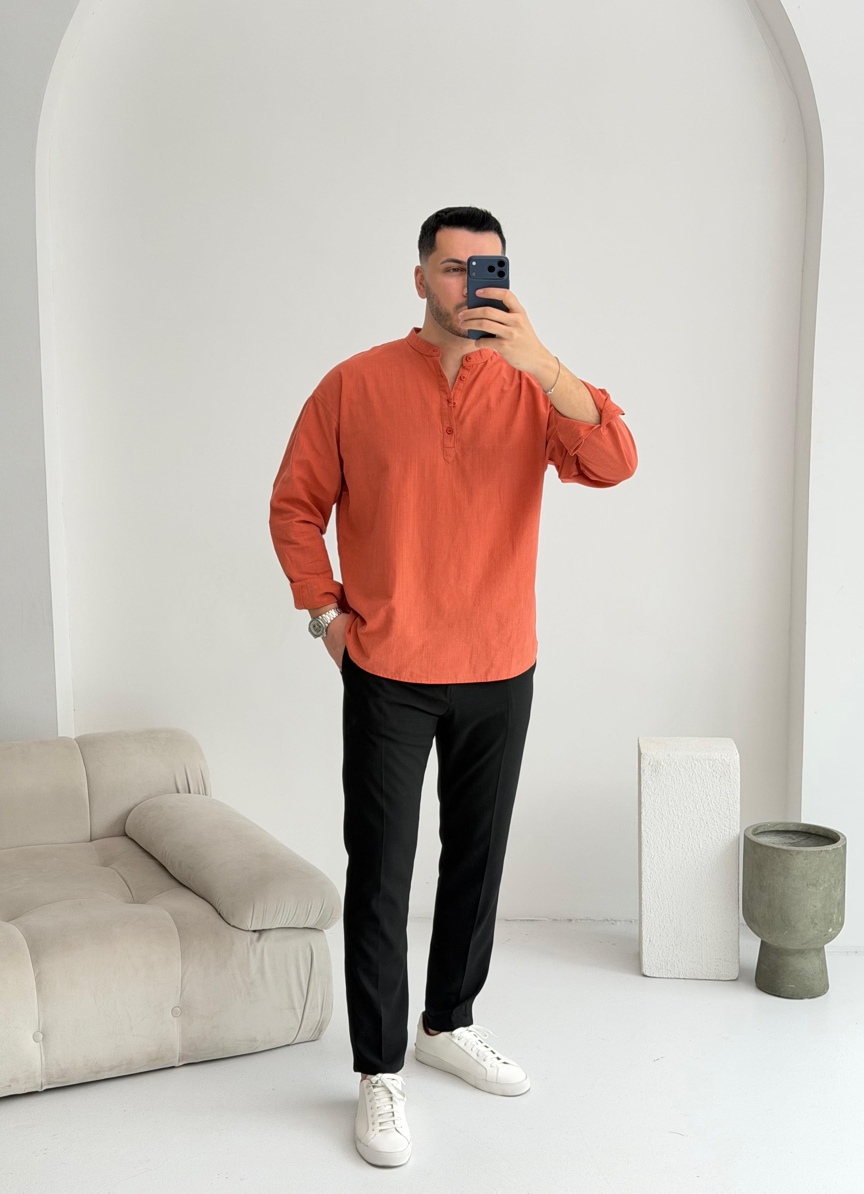 Yarım Pat Kiremit Oversize Keten Gömlek 