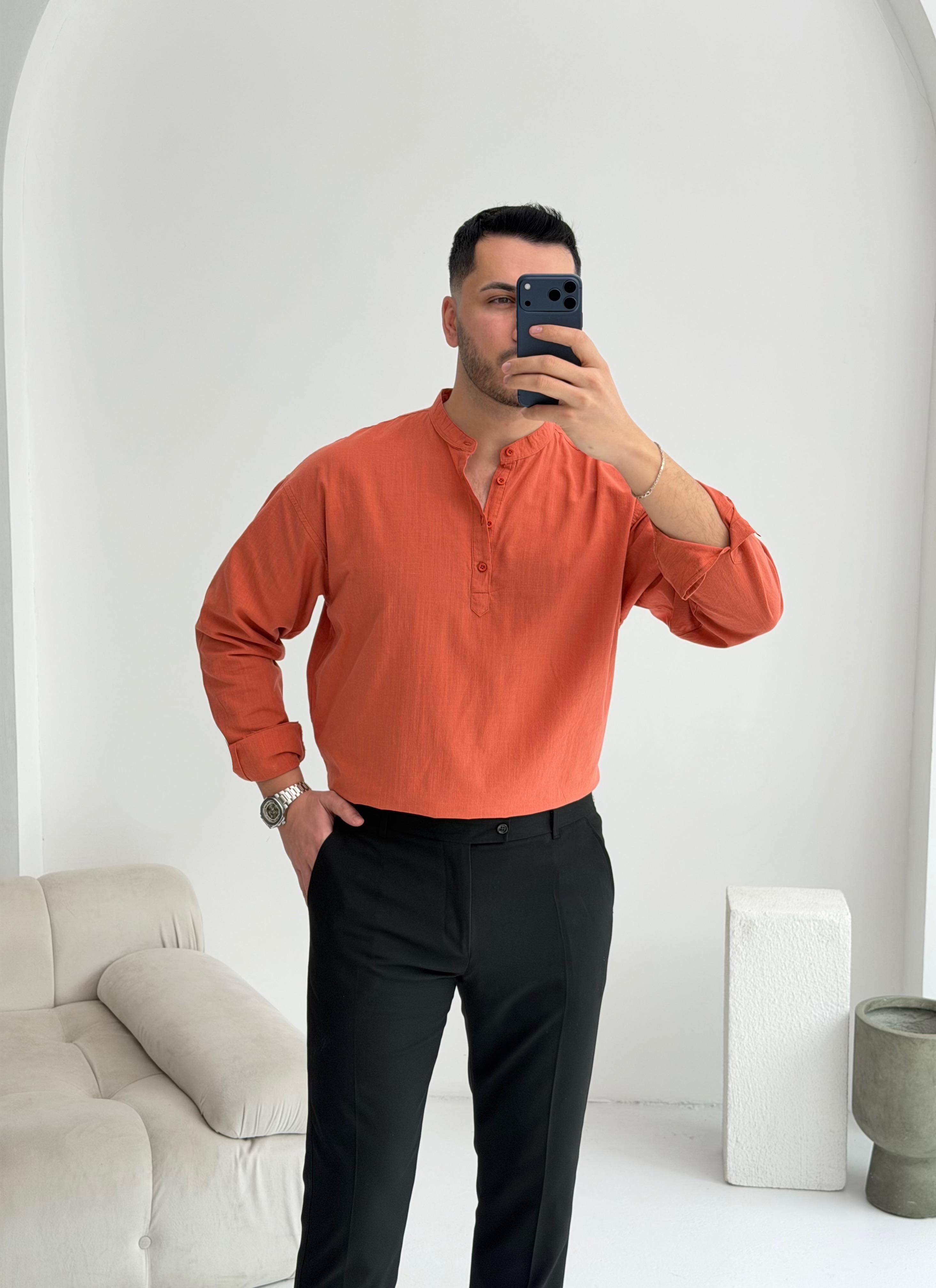 Yarım Pat Kiremit Oversize Keten Gömlek 