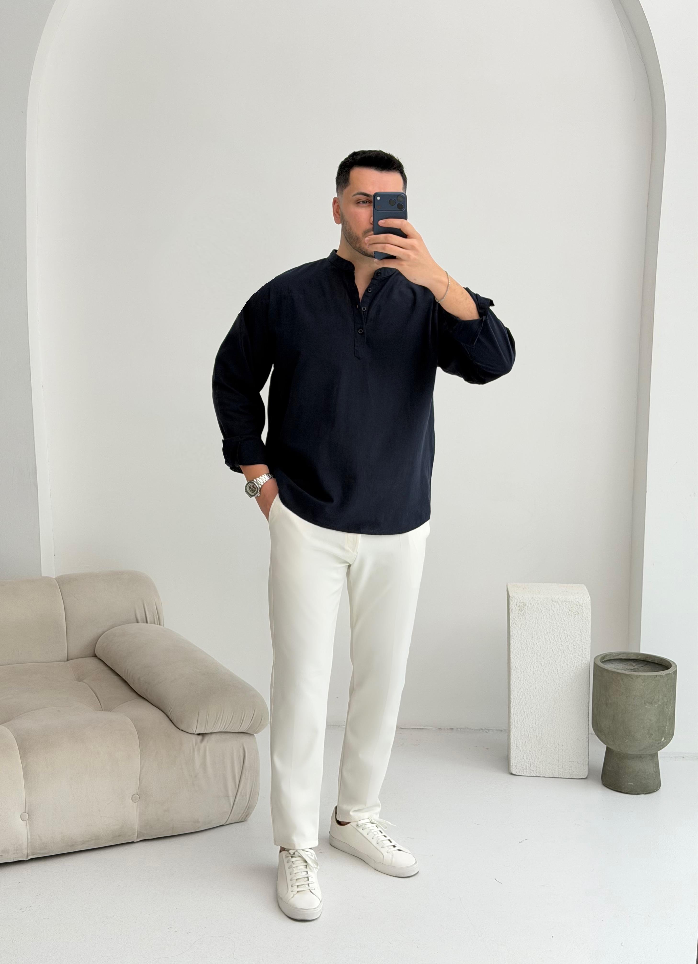 Yarım Pat Lacivert Oversize Keten Gömlek 