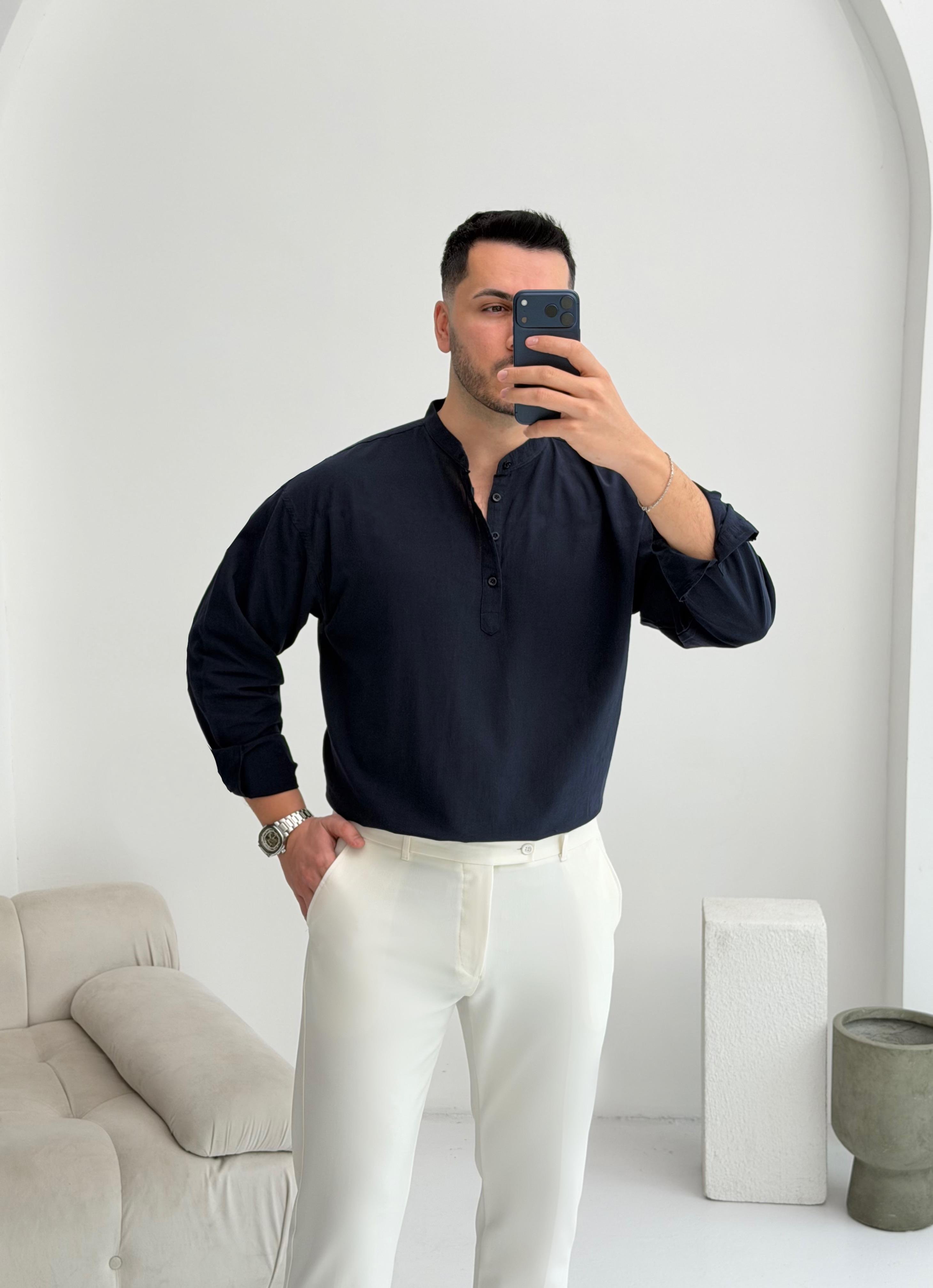 Yarım Pat Lacivert Oversize Keten Gömlek 