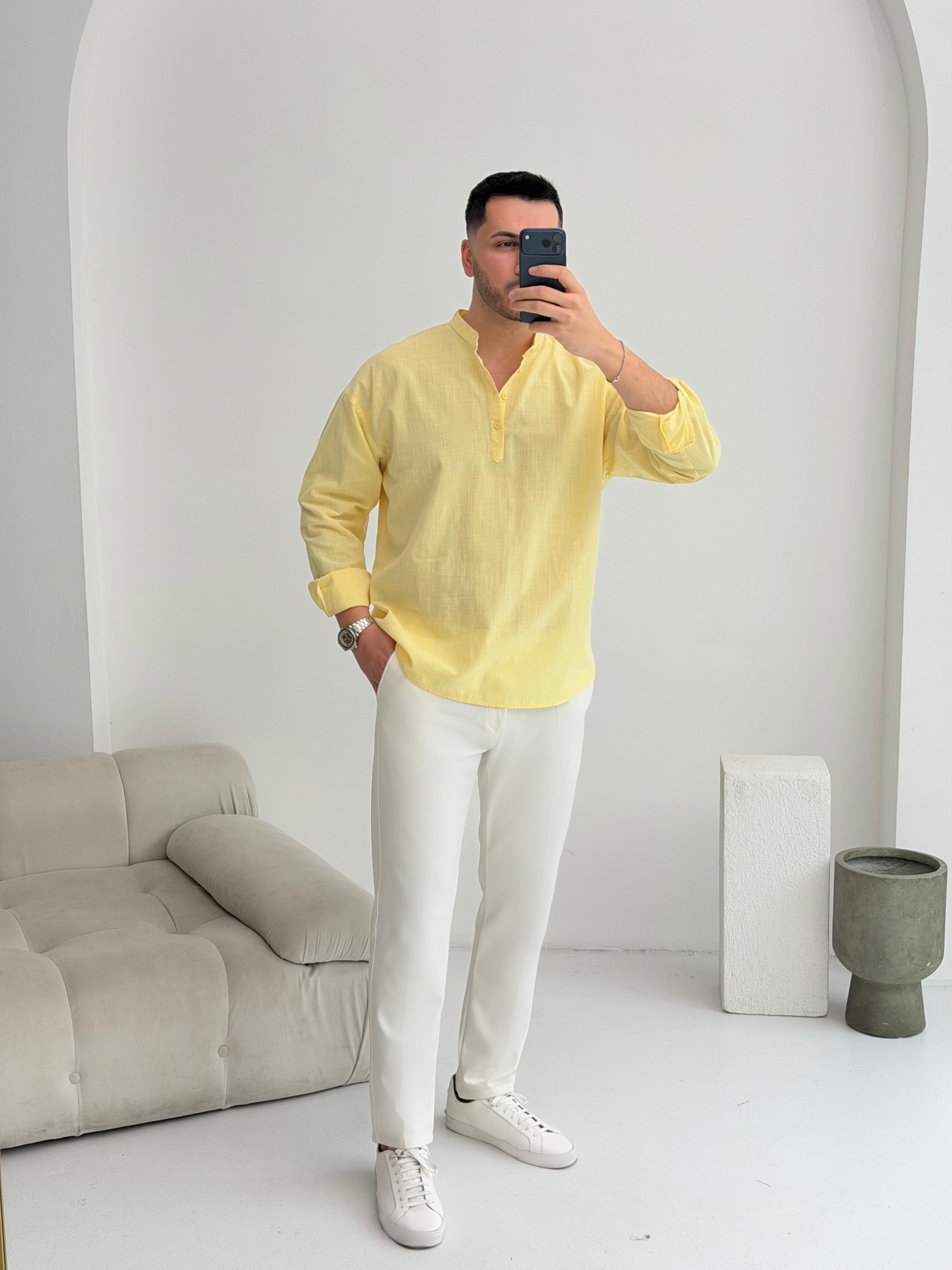 Yarım Pat Limon Sarısı Oversize Keten Gömlek 