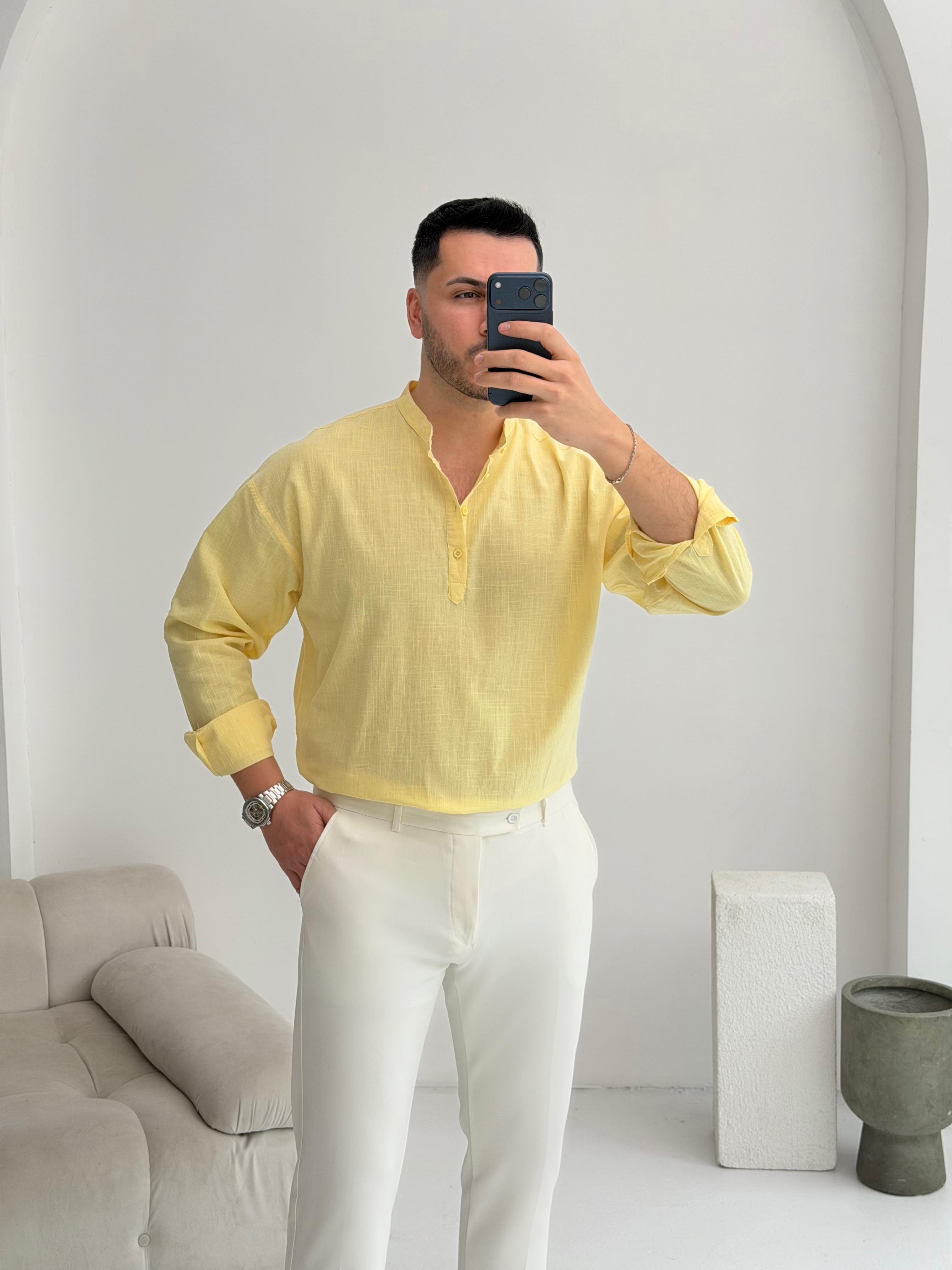 Yarım Pat Limon Sarısı Oversize Keten Gömlek 