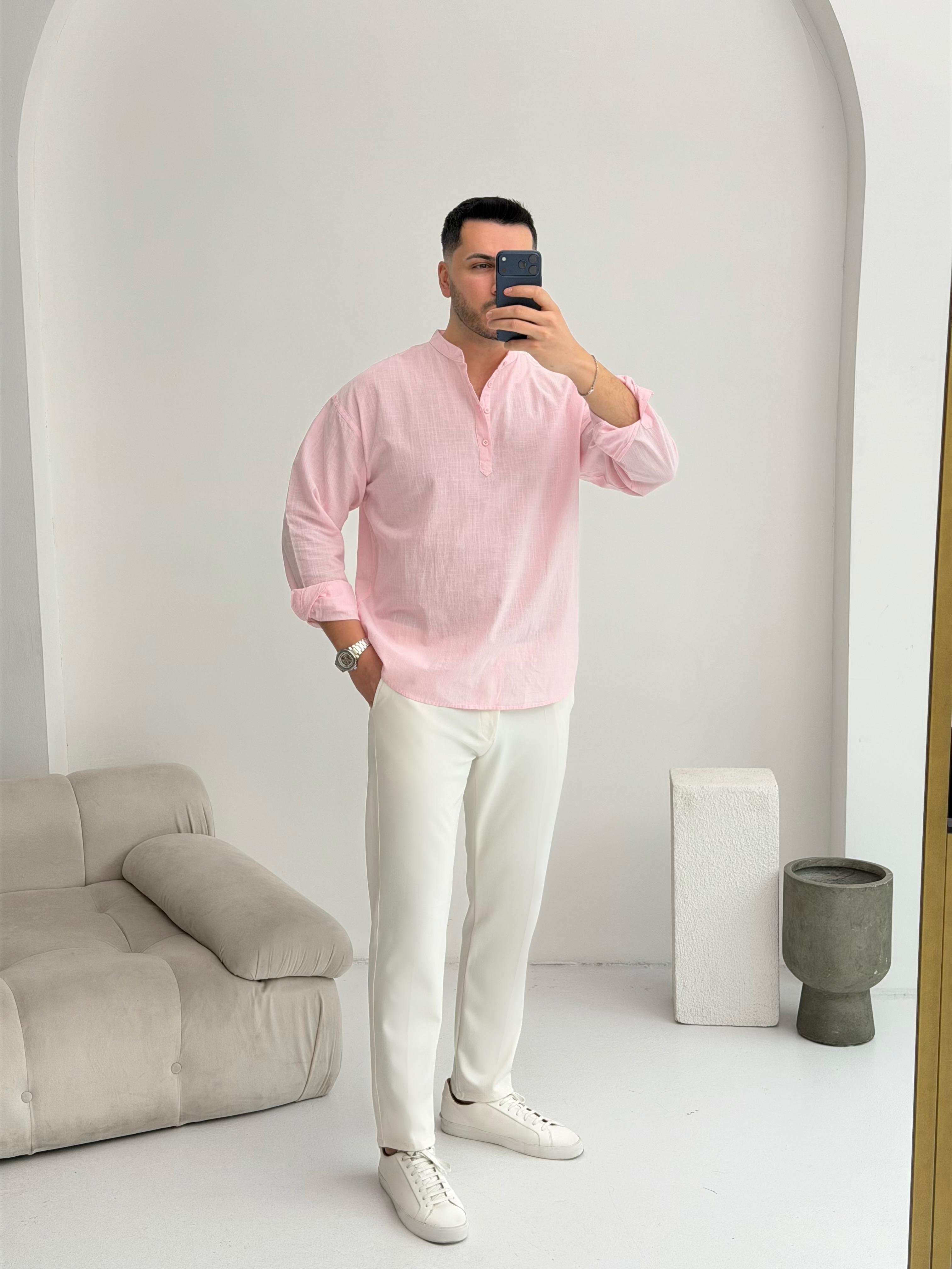 Yarım Pat Pudra Oversize Keten Gömlek 