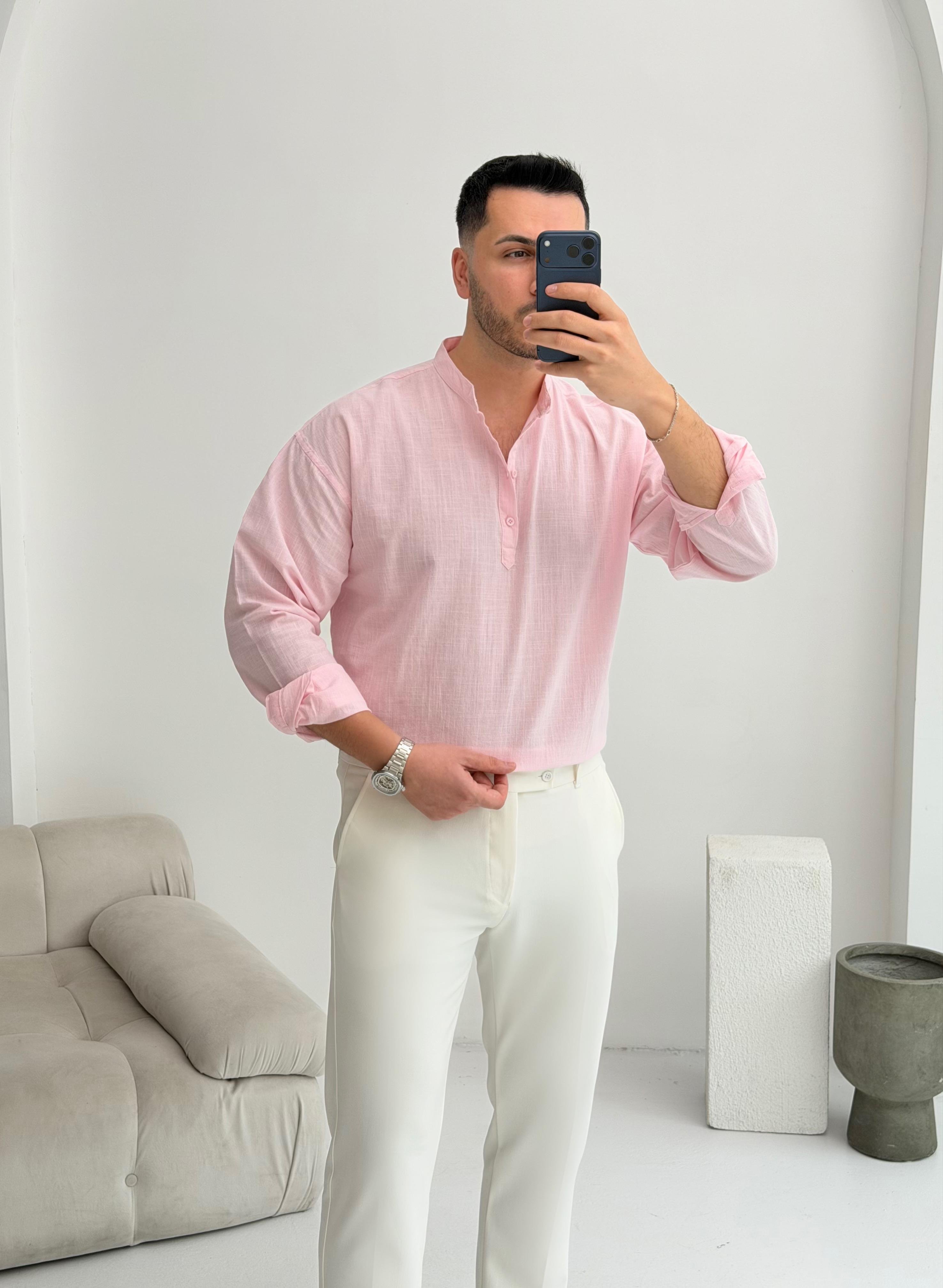 Yarım Pat Pudra Oversize Keten Gömlek 
