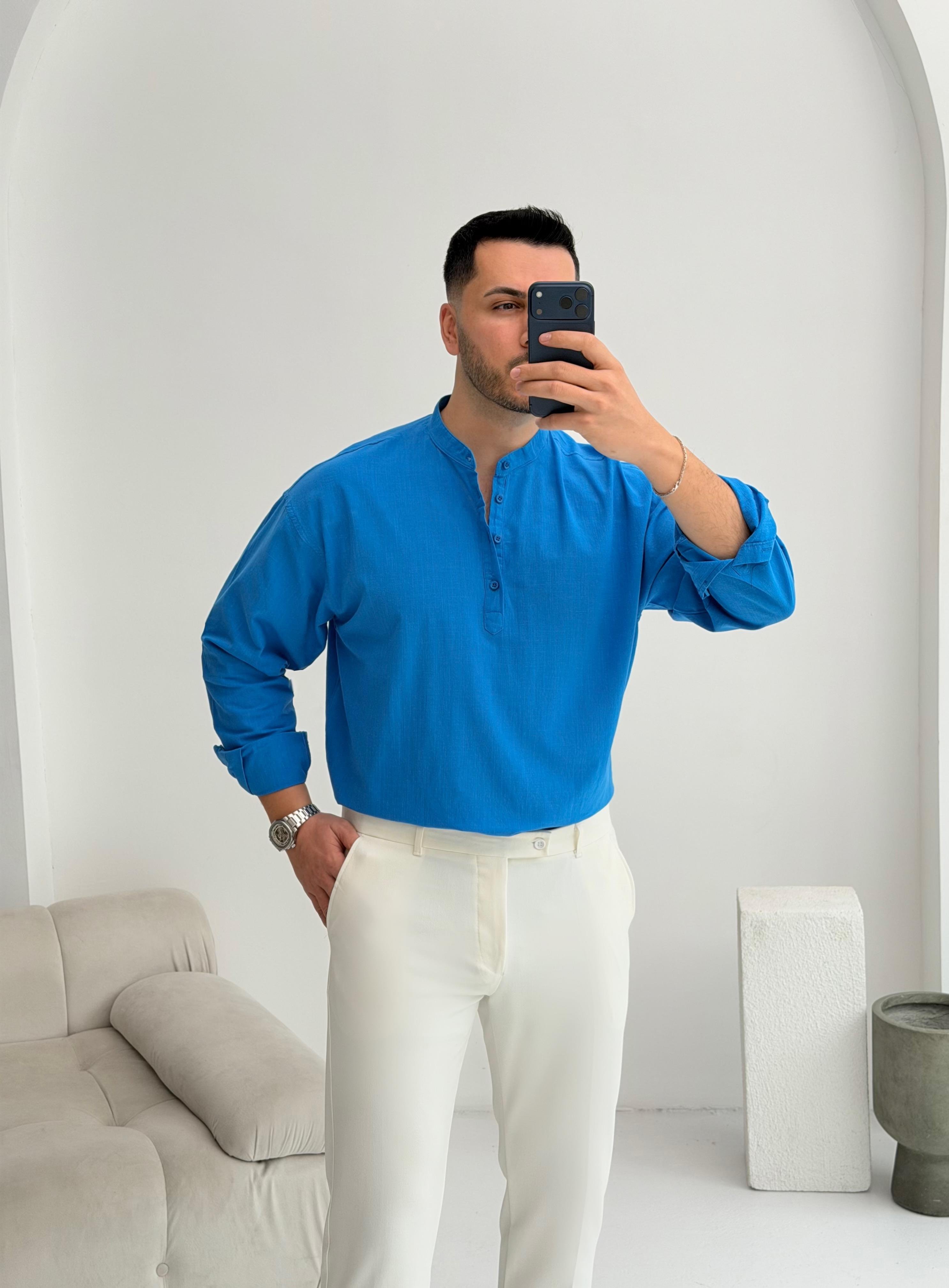Yarım Pat Saks Mavisi Oversize Keten Gömlek 