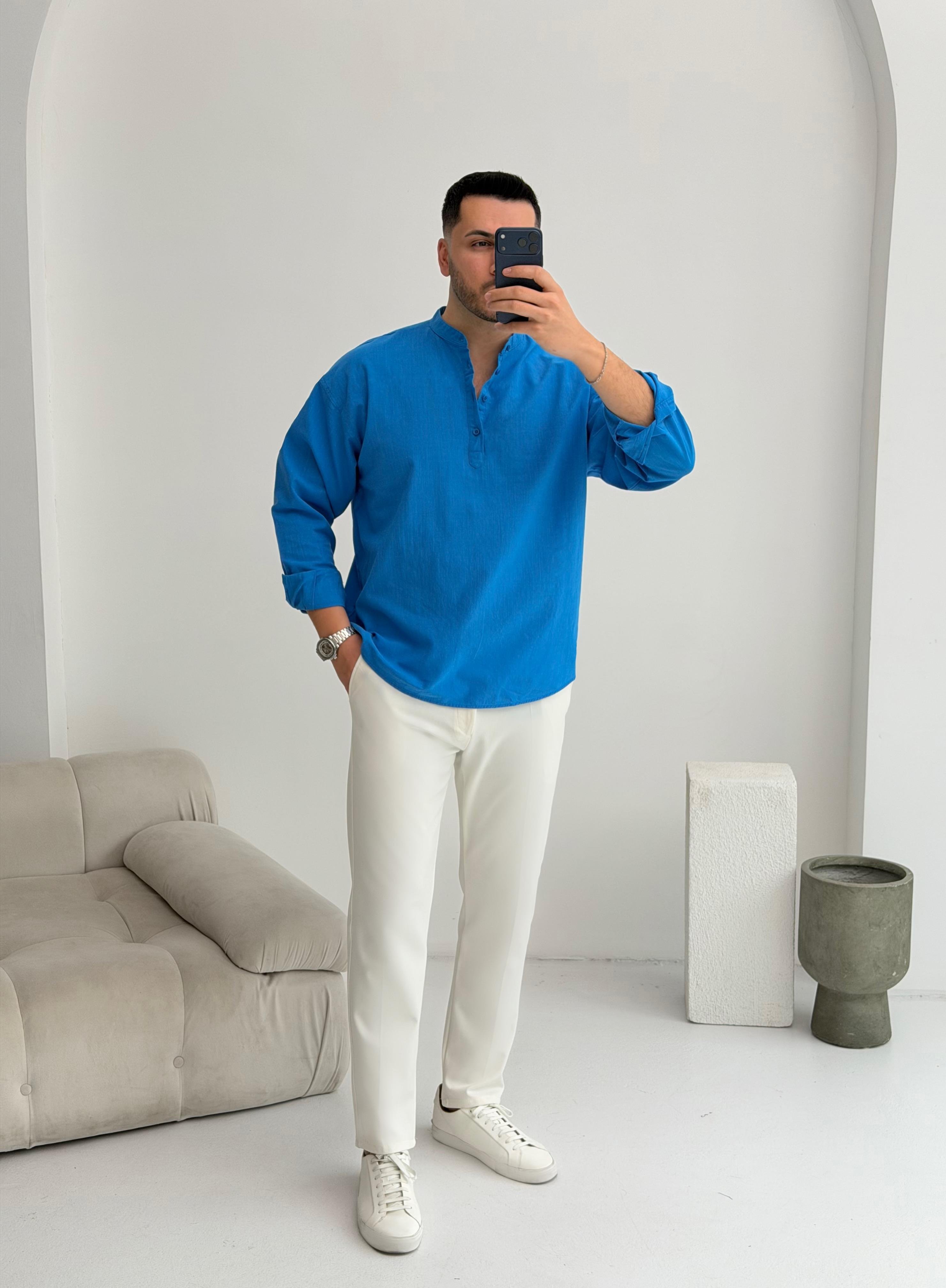 Yarım Pat Saks Mavisi Oversize Keten Gömlek 