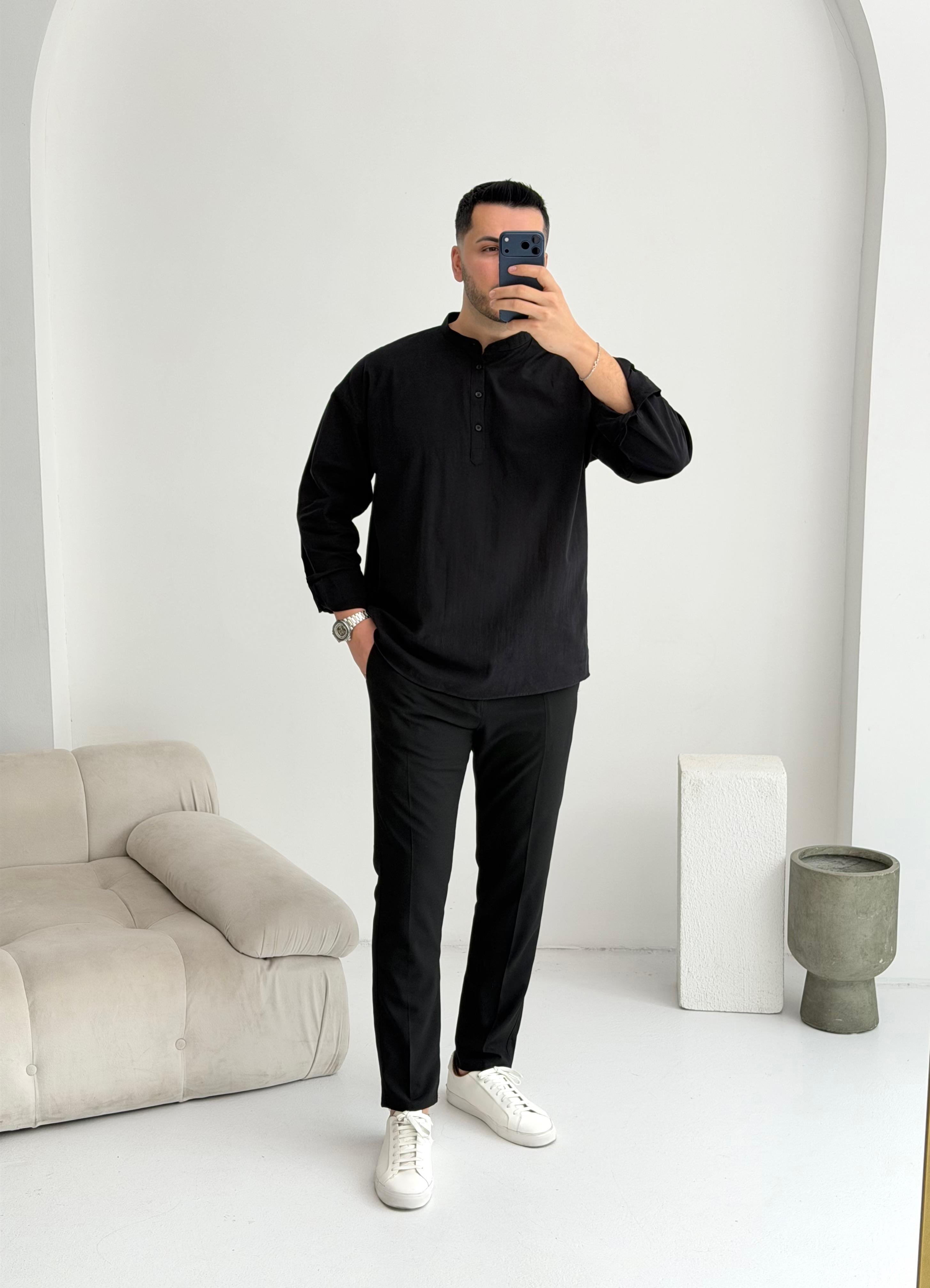 Yarım Pat Siyah Oversize Keten Gömlek 