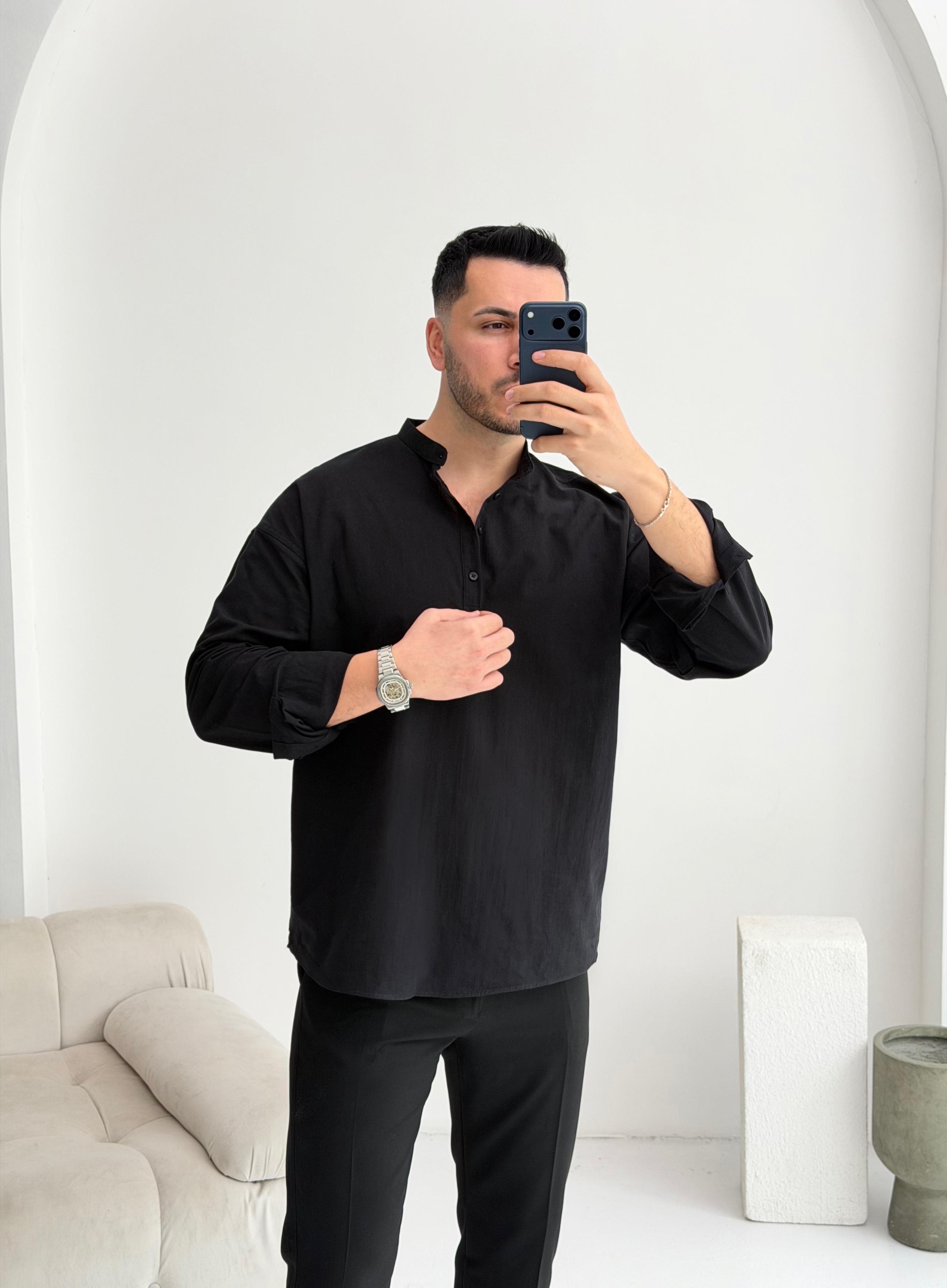 Yarım Pat Siyah Oversize Keten Gömlek 