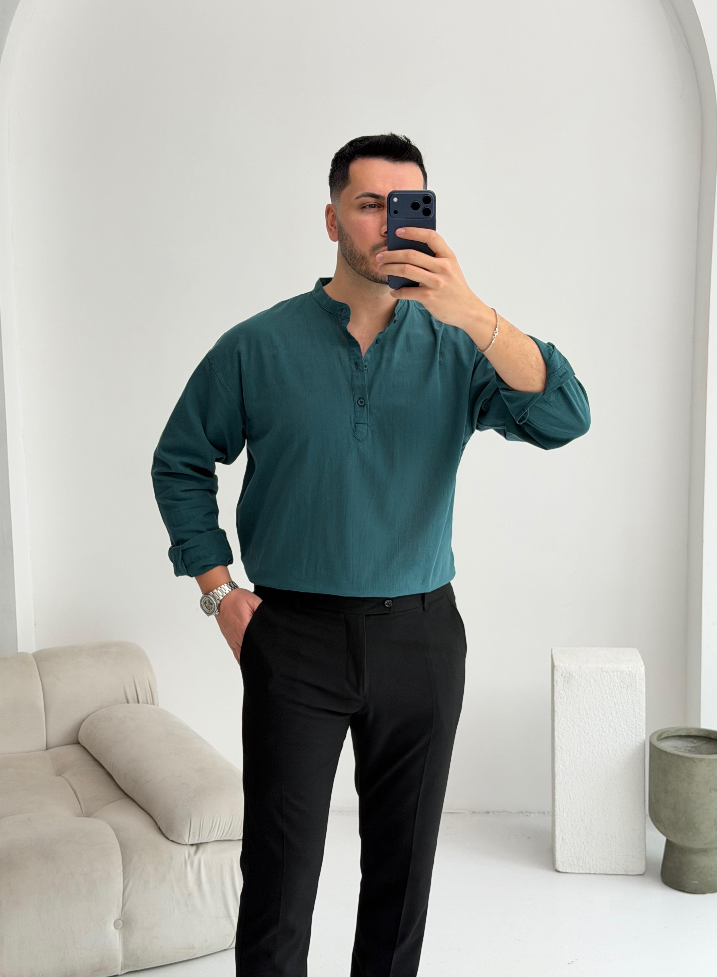 Yarım Pat Zümrüt Oversize Keten Gömlek 