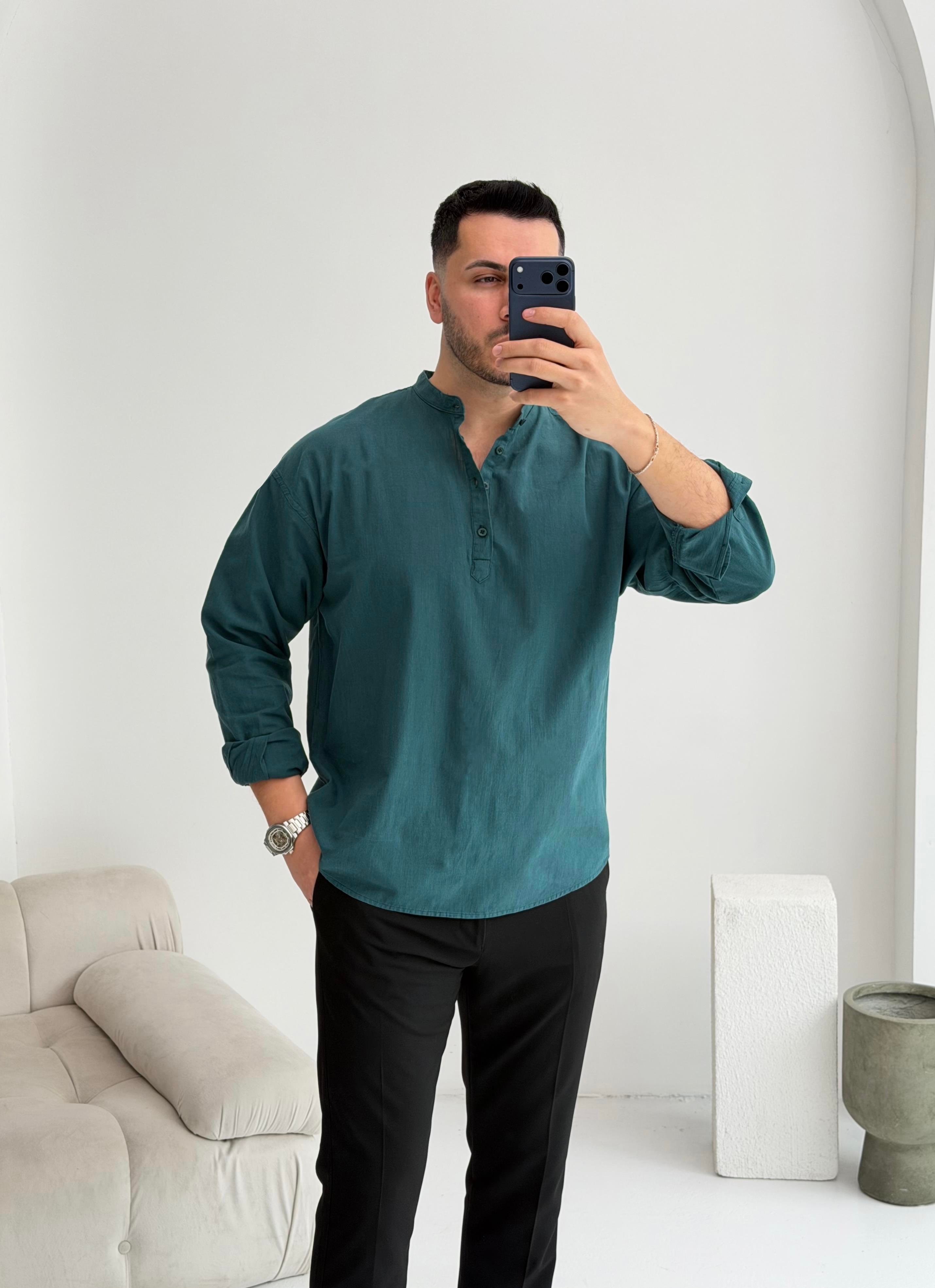 Yarım Pat Zümrüt Oversize Keten Gömlek 