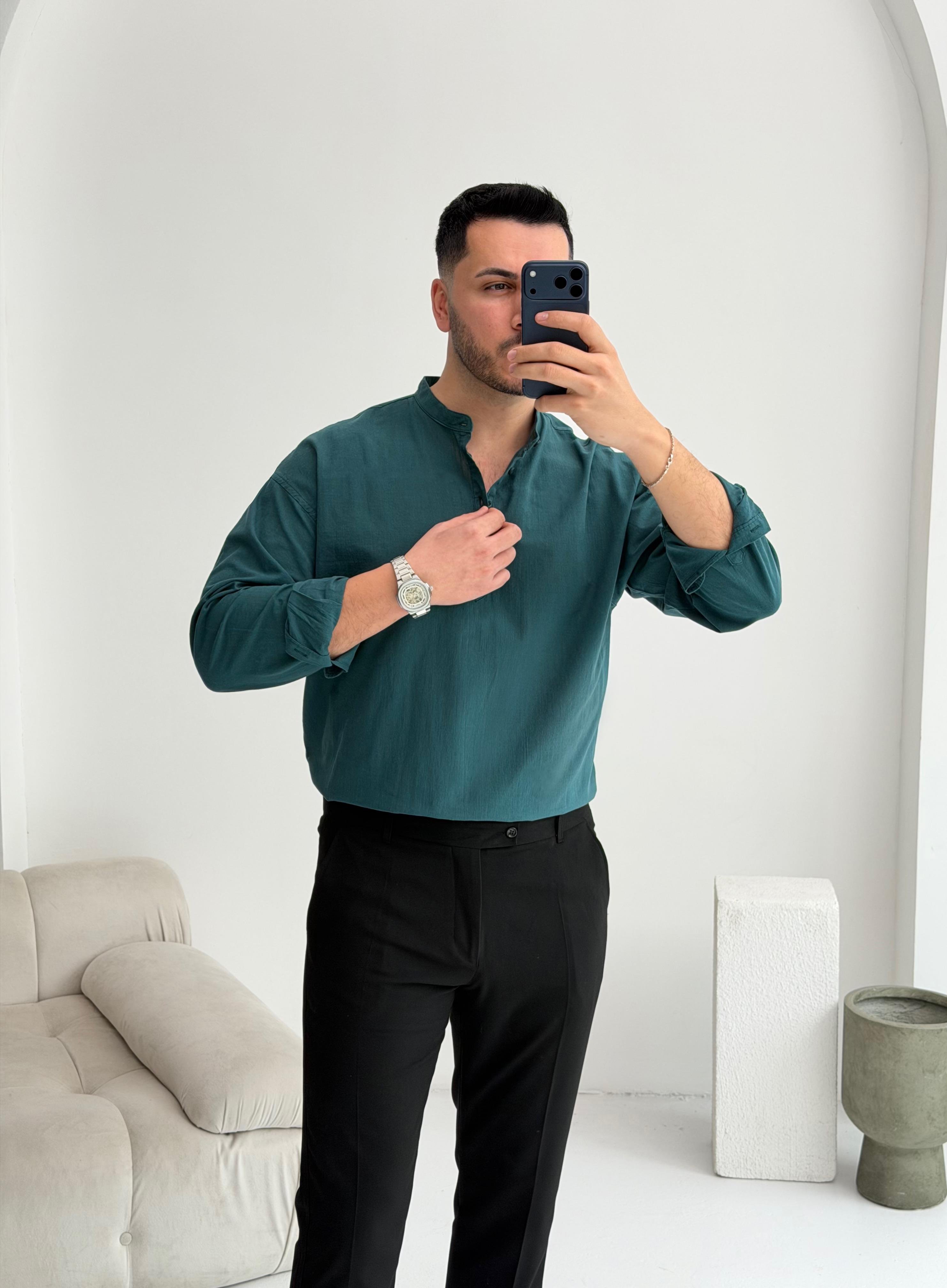 Yarım Pat Zümrüt Oversize Keten Gömlek 