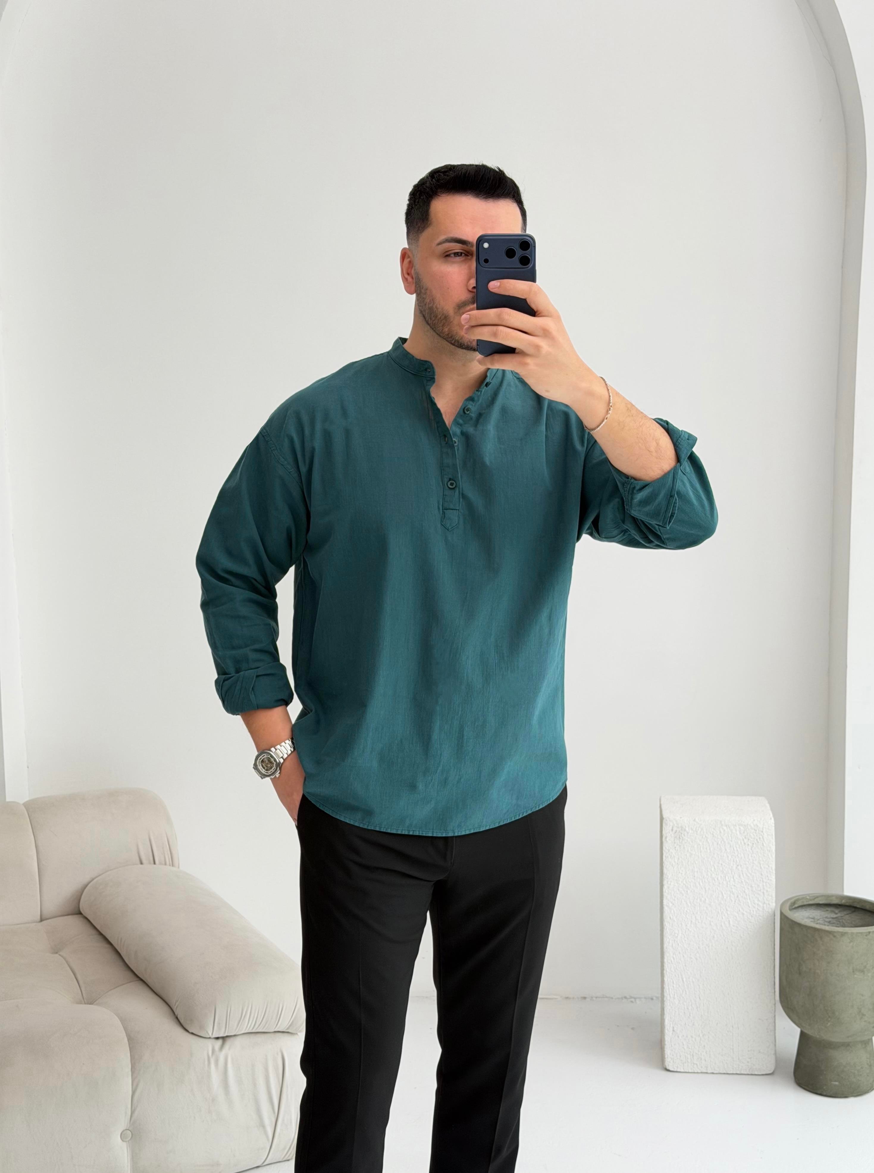 Yarım Pat Zümrüt Oversize Keten Gömlek 