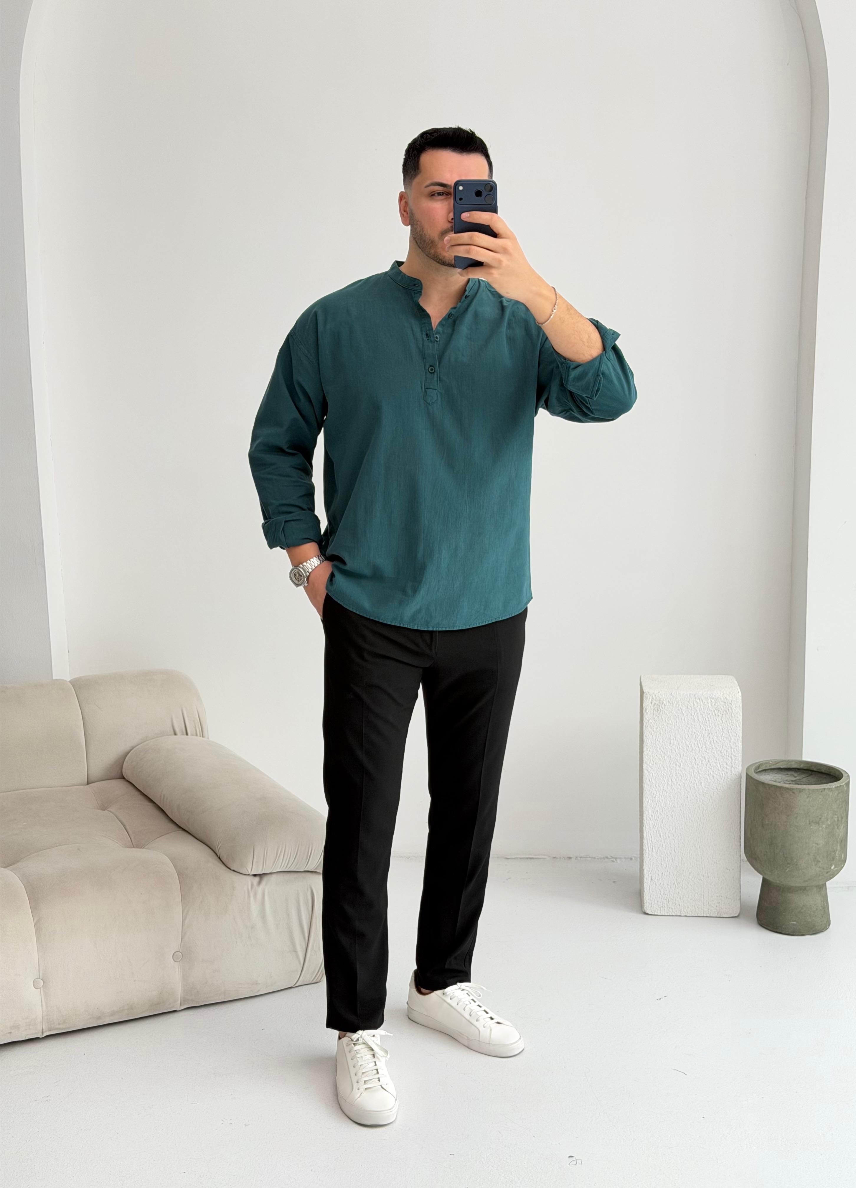 Yarım Pat Zümrüt Oversize Keten Gömlek 