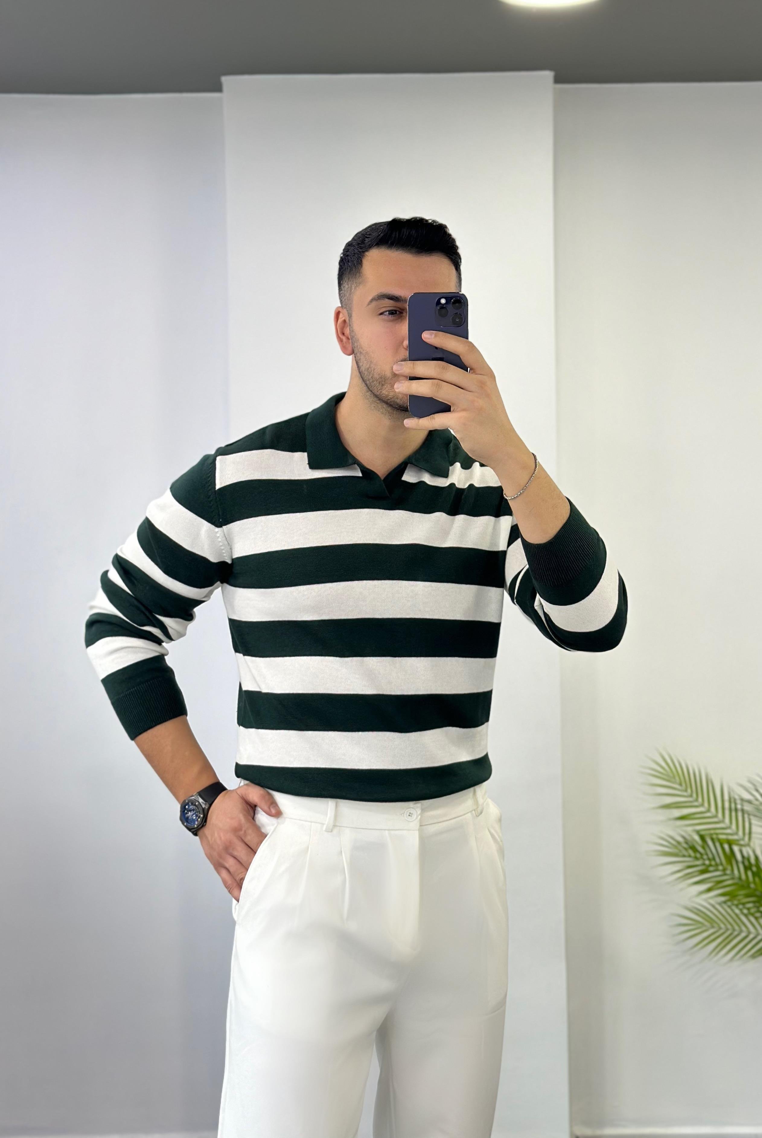 Yeşil Beyaz Çizgili Triko Kazak