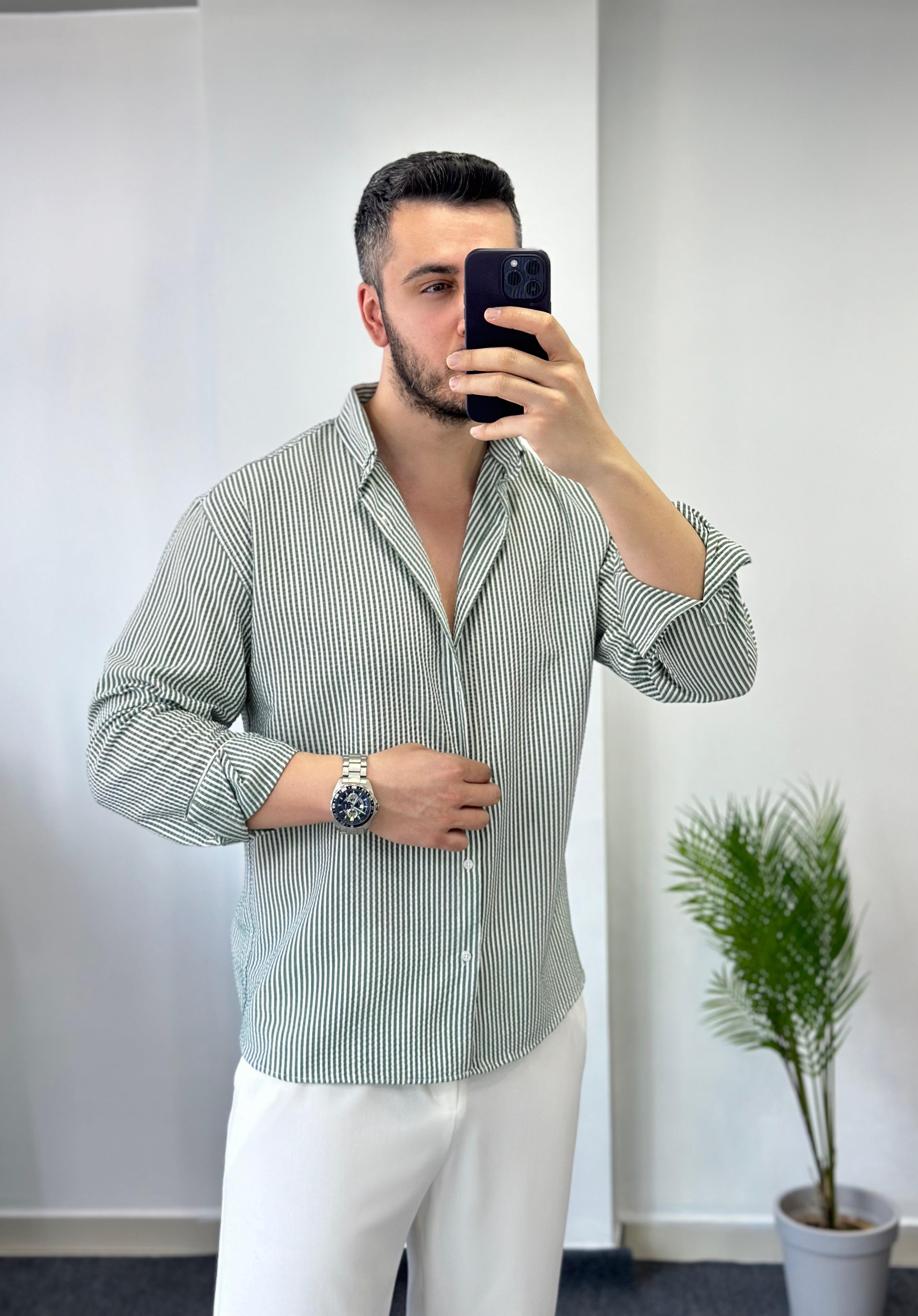 Yeşil Çizgili Yarım Oversize Keten Gömlek