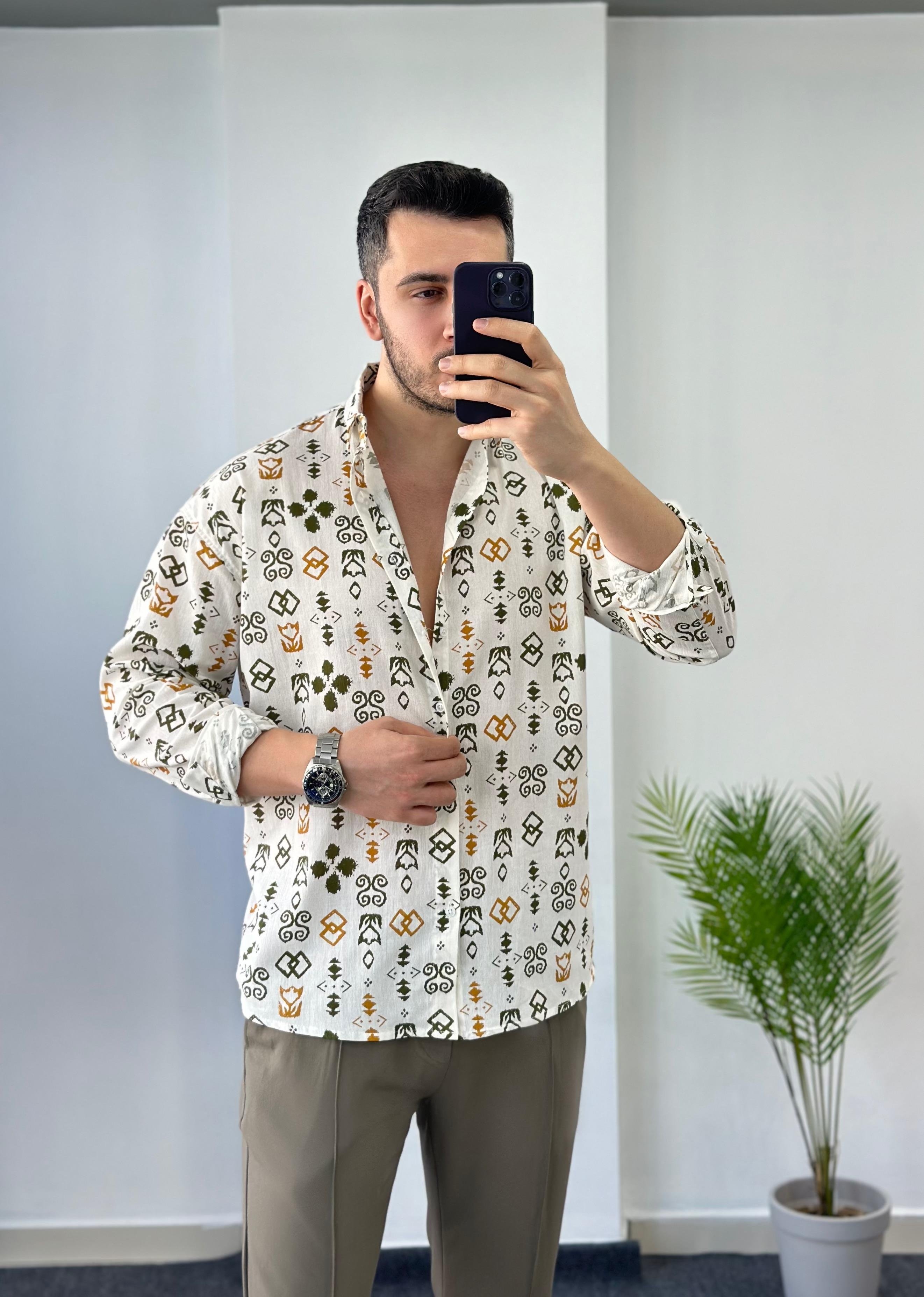 Yeşil Desen Oversize Keten Gömlek