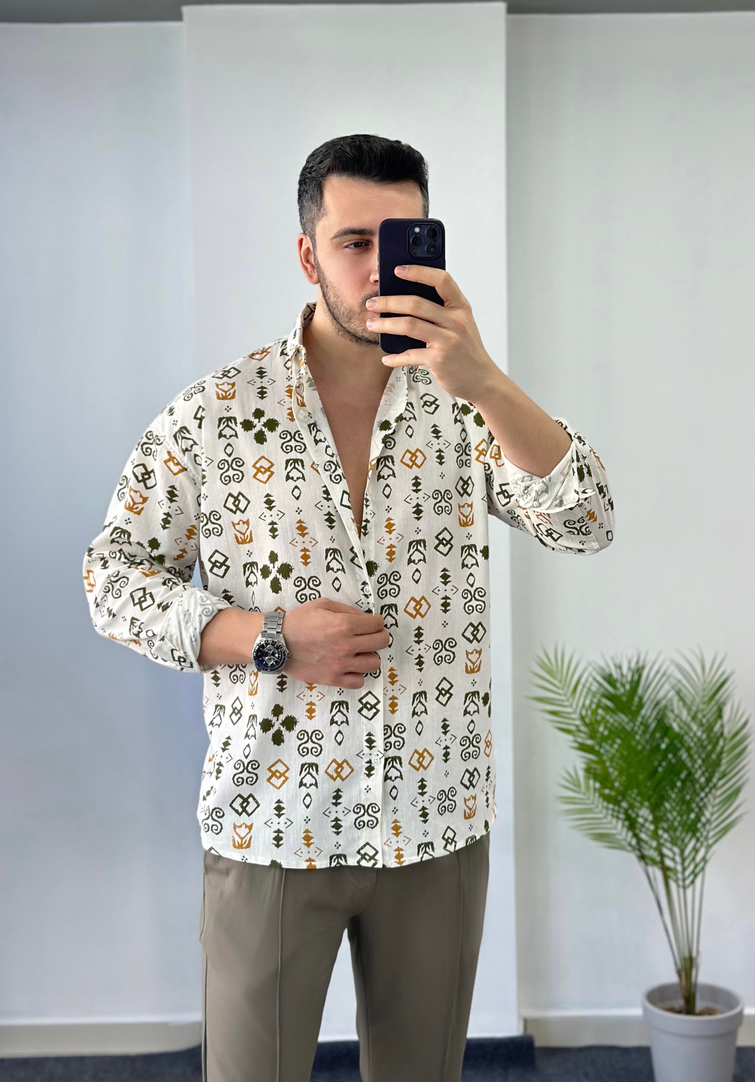 Yeşil Desen Oversize Keten Gömlek