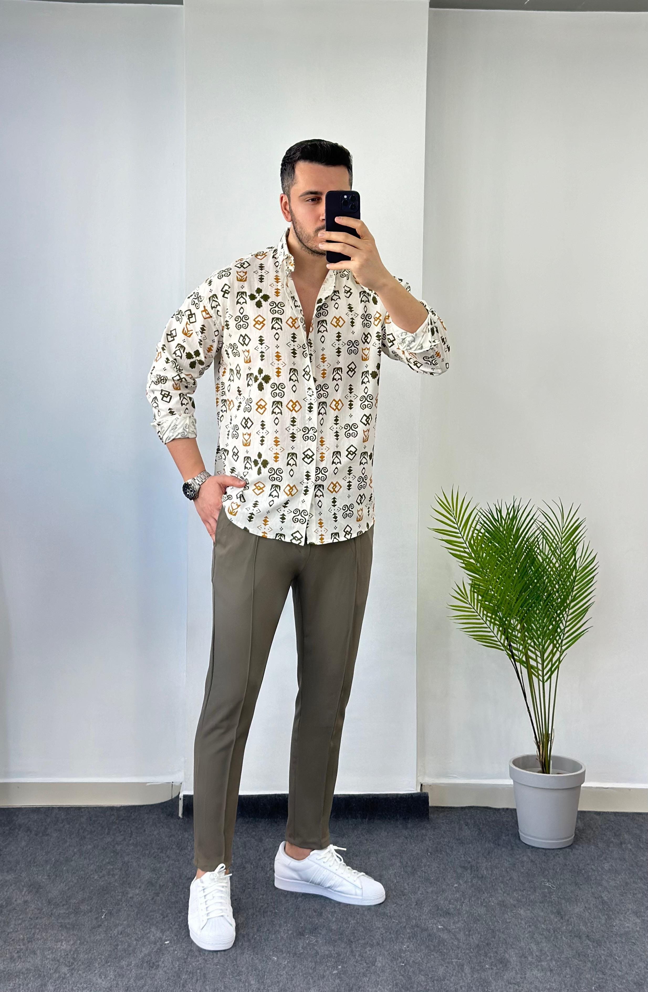 Yeşil Desen Oversize Keten Gömlek