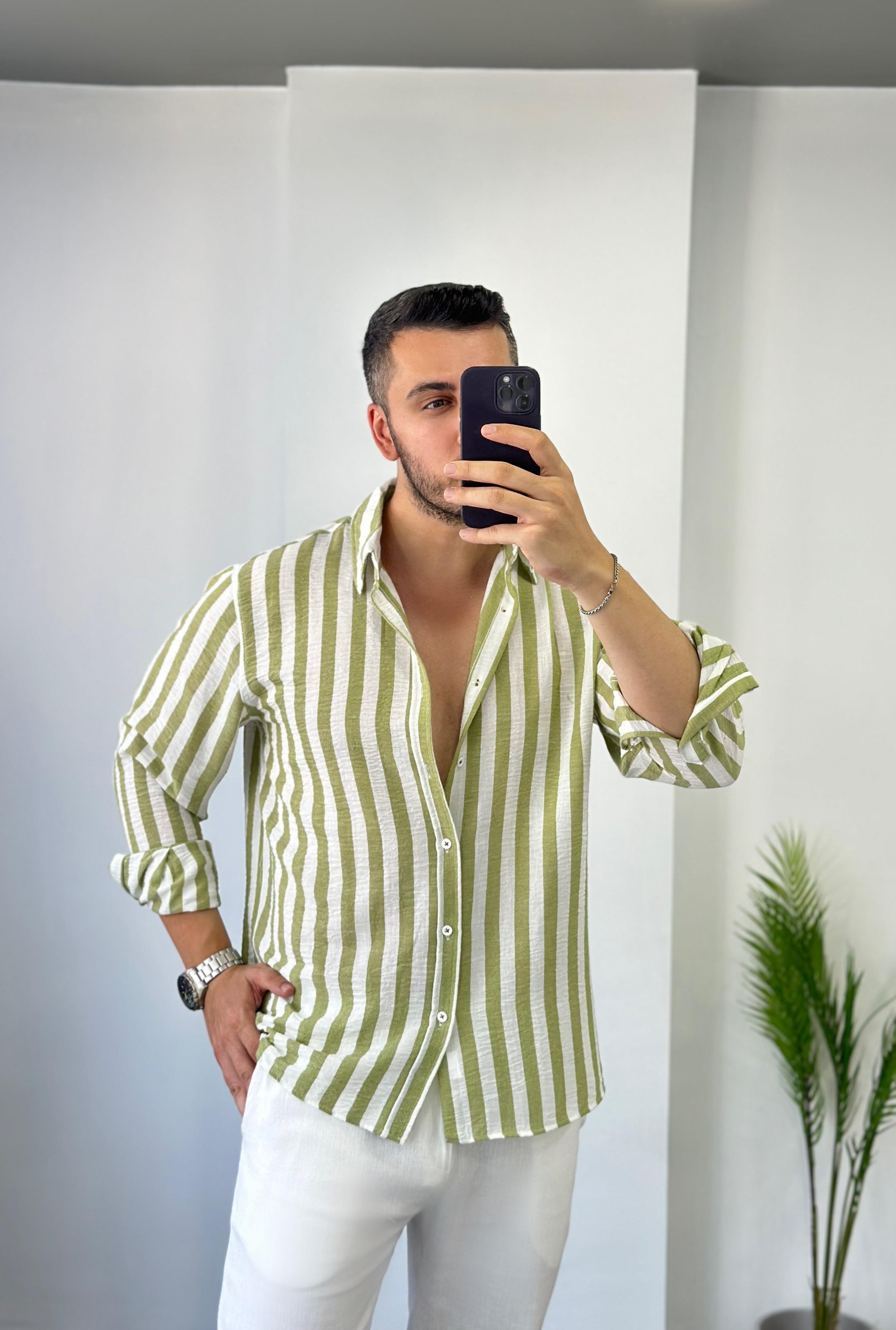 Yeşil Geniş Çizgi Oversize Keten Gömlek