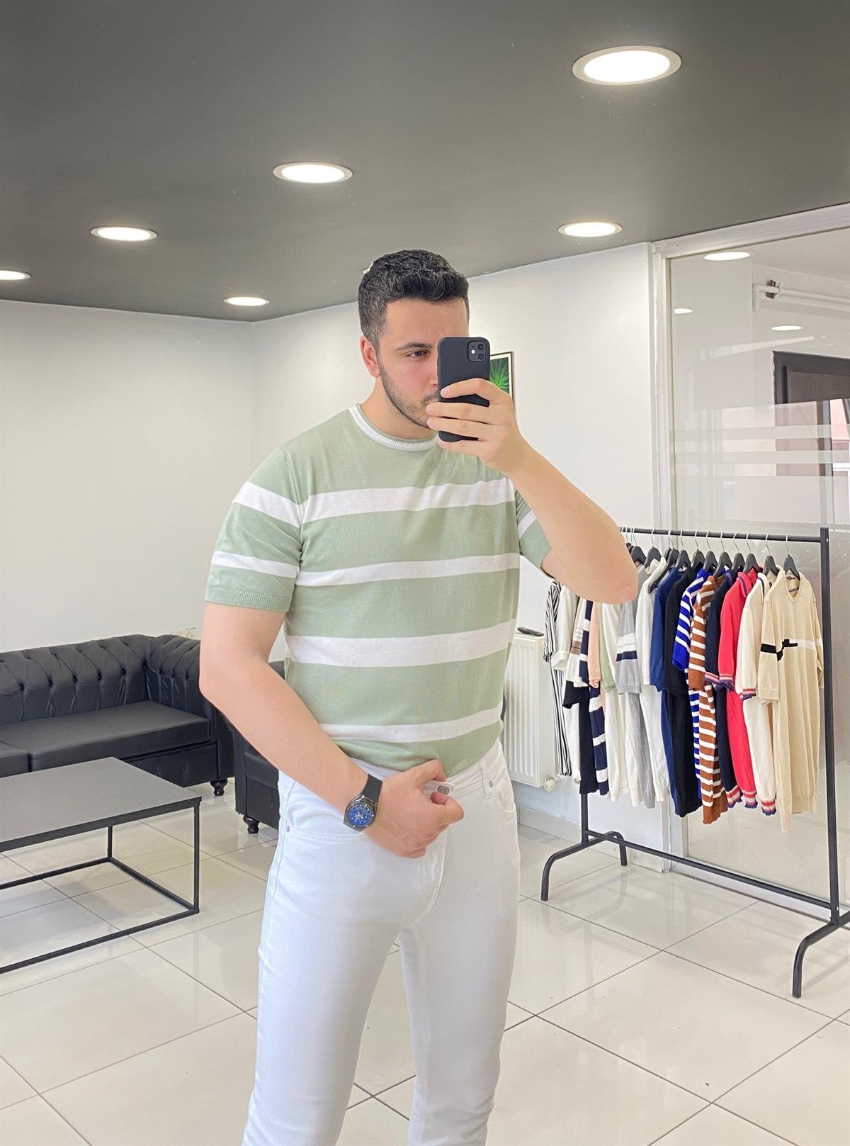 Yeşil Geniş Çizgili Örme Triko Tişört 