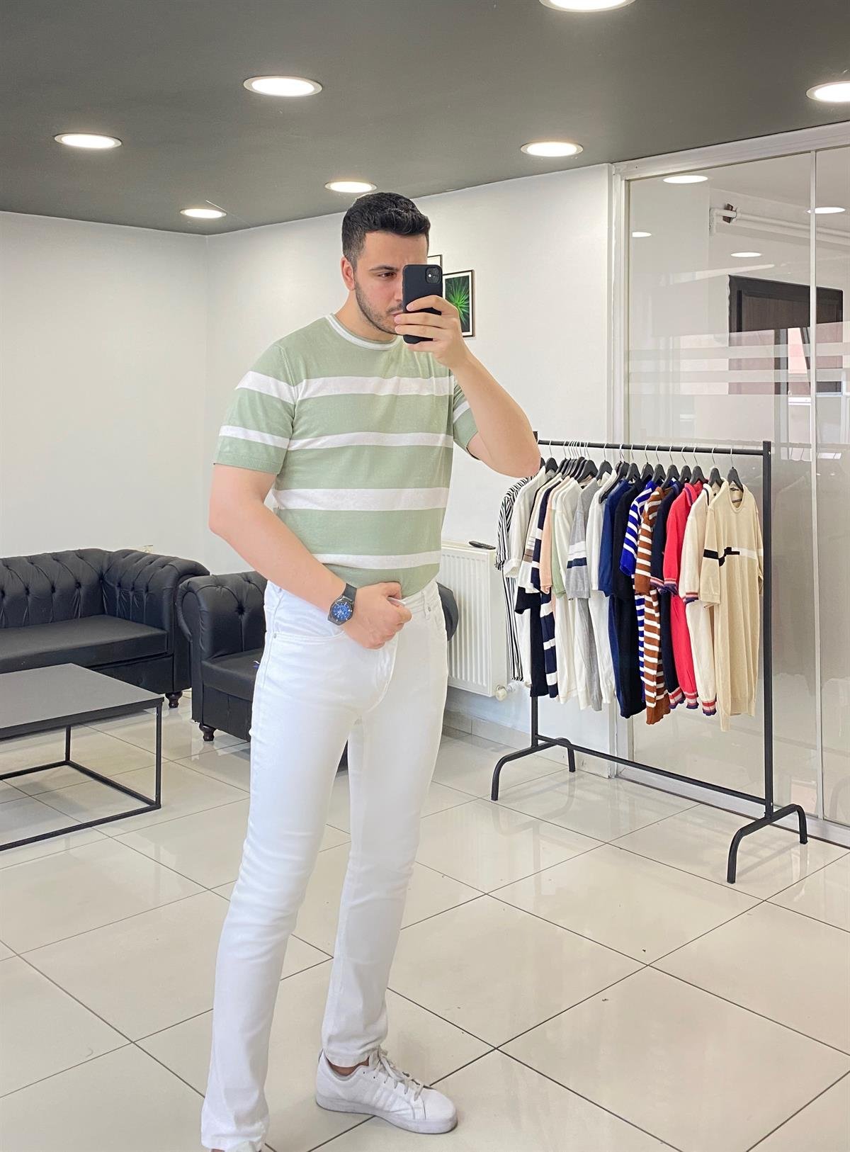 Yeşil Geniş Çizgili Örme Triko Tişört 