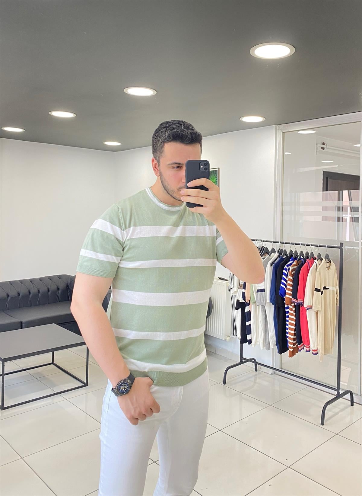 Yeşil Geniş Çizgili Örme Triko Tişört 