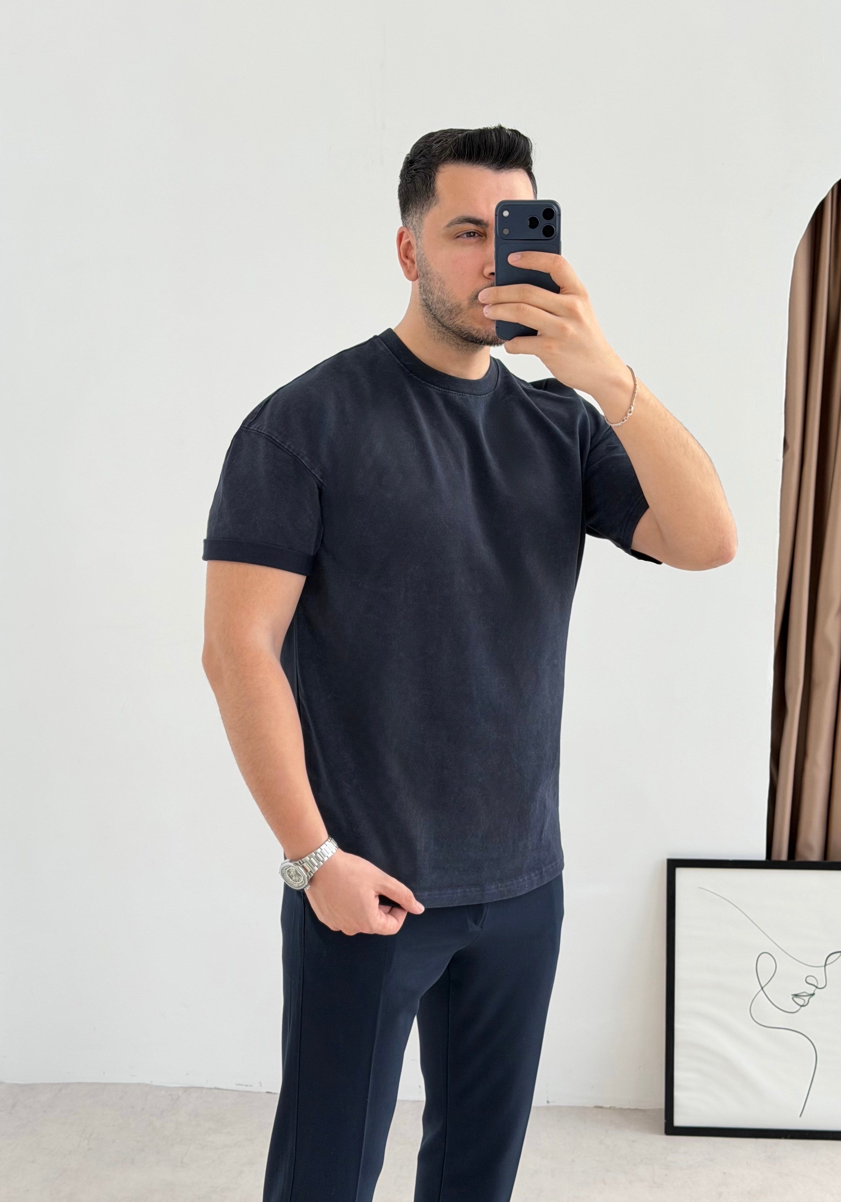 Yıkamalı Basic Lacivert Tişört
