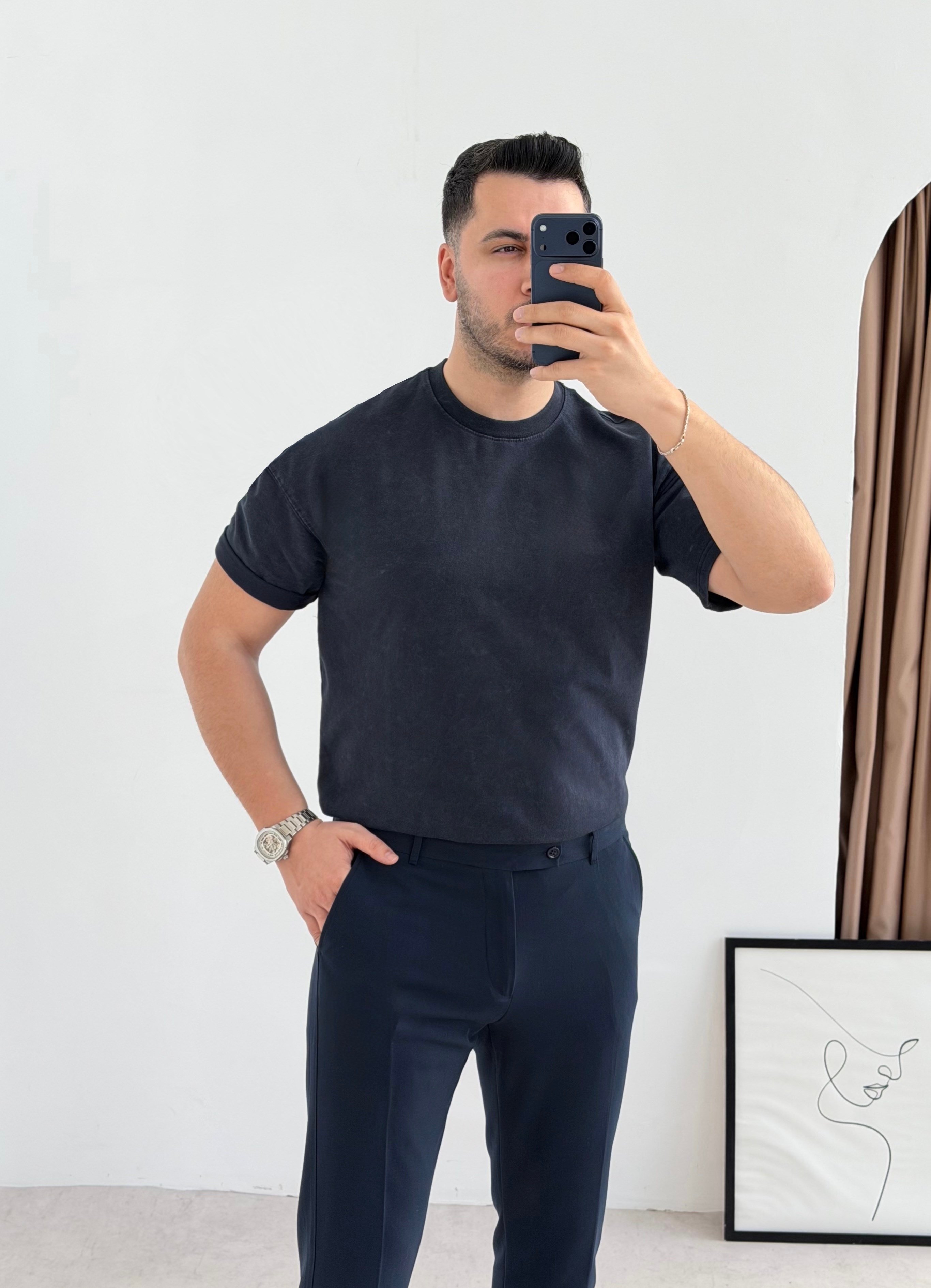 Yıkamalı Basic Lacivert Tişört