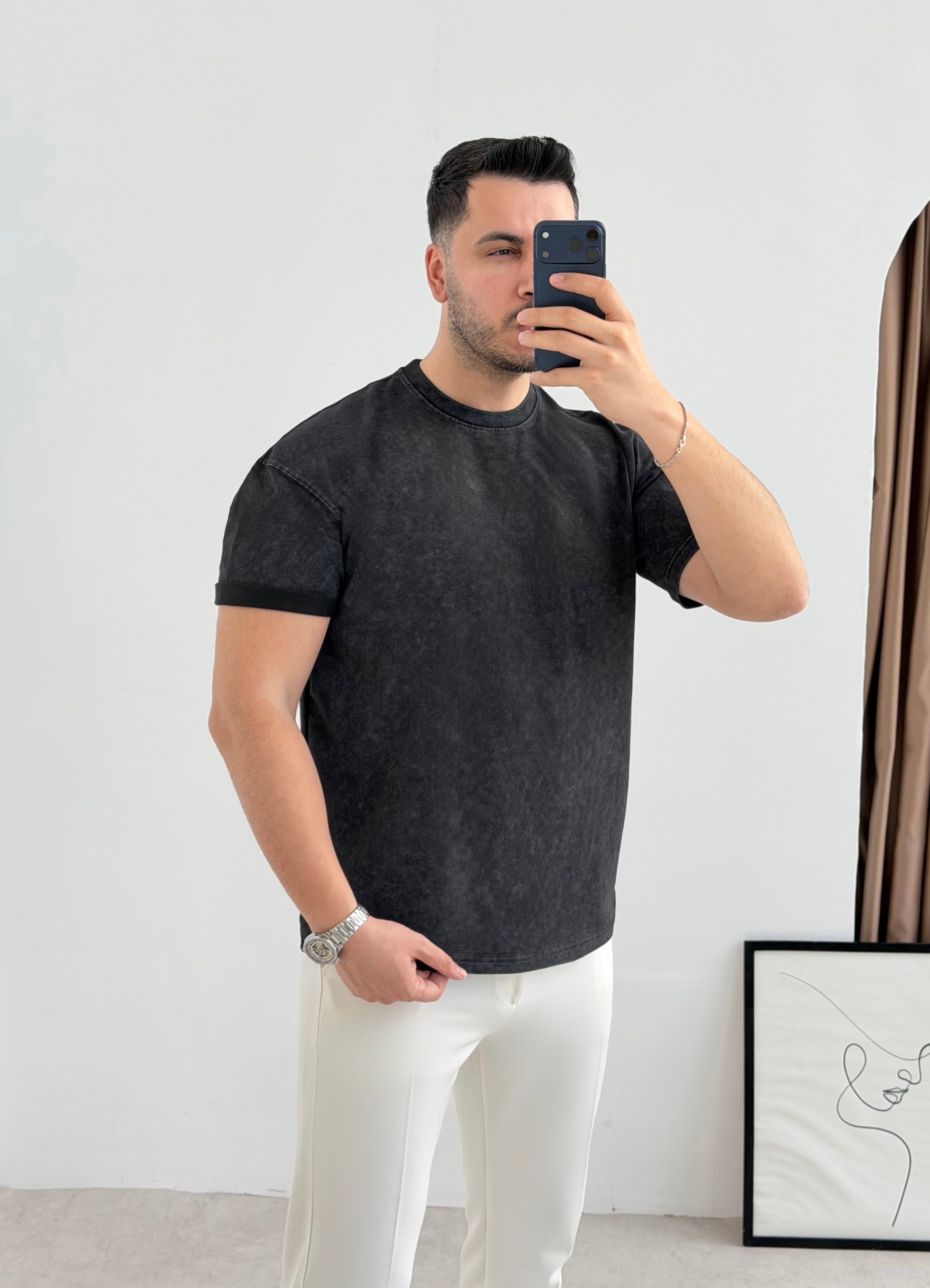 Yıkamalı Basic Siyah Tişört