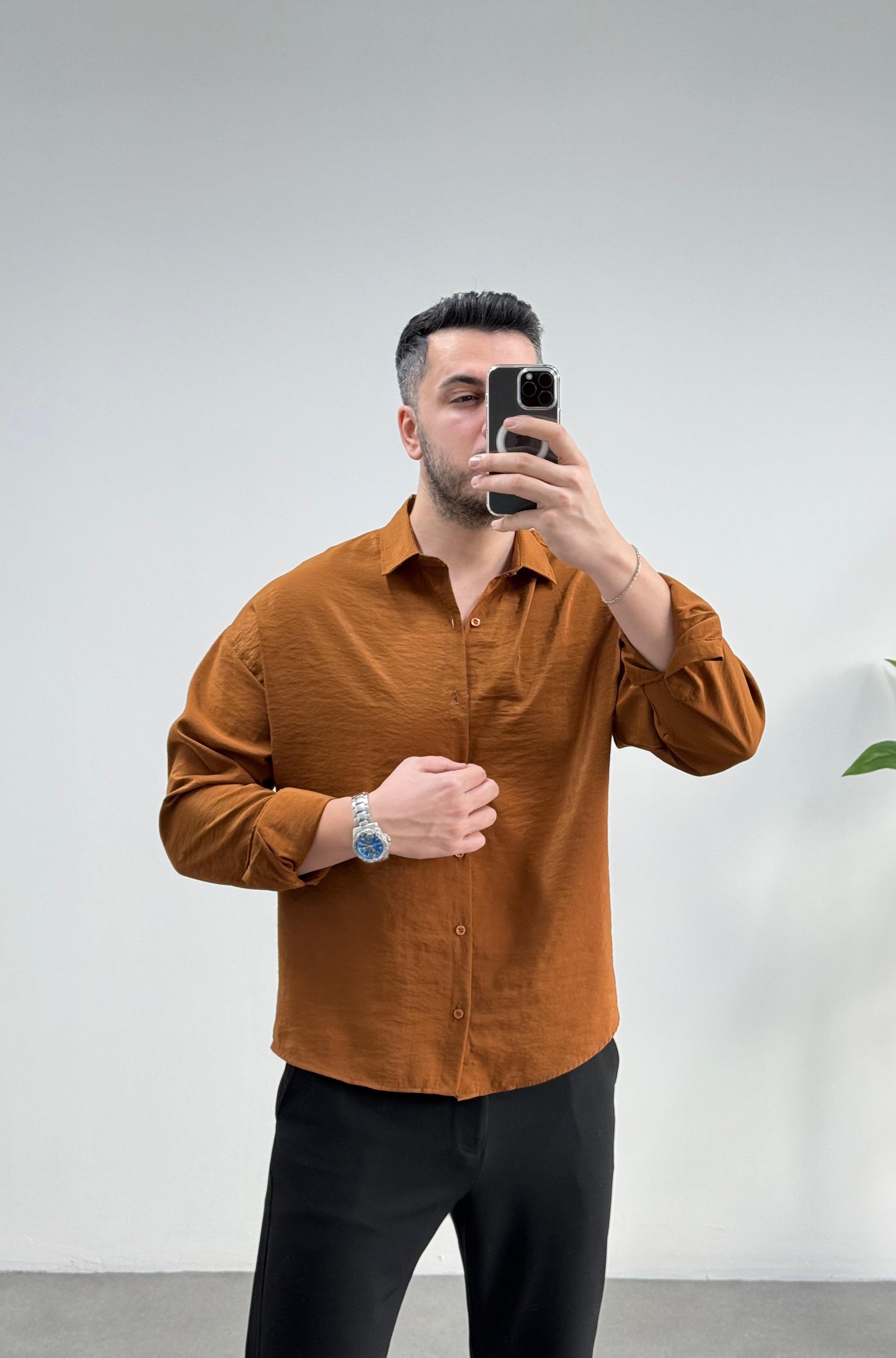 Yırtmaçlı Bol Kalıp Taba Modal Gömlek 