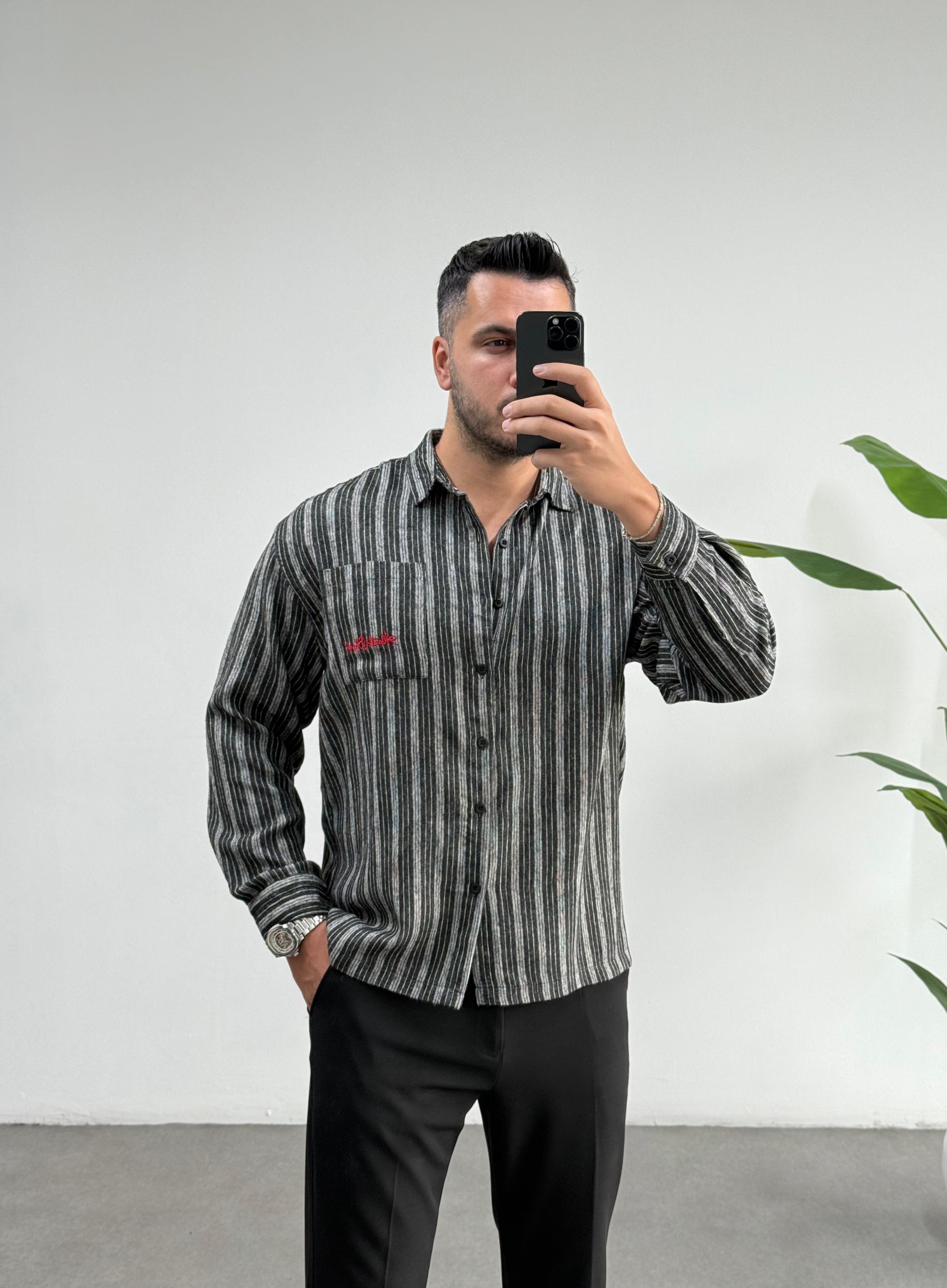 Yün Kaşmir Siyah Çizgili Oversize Gömlek 