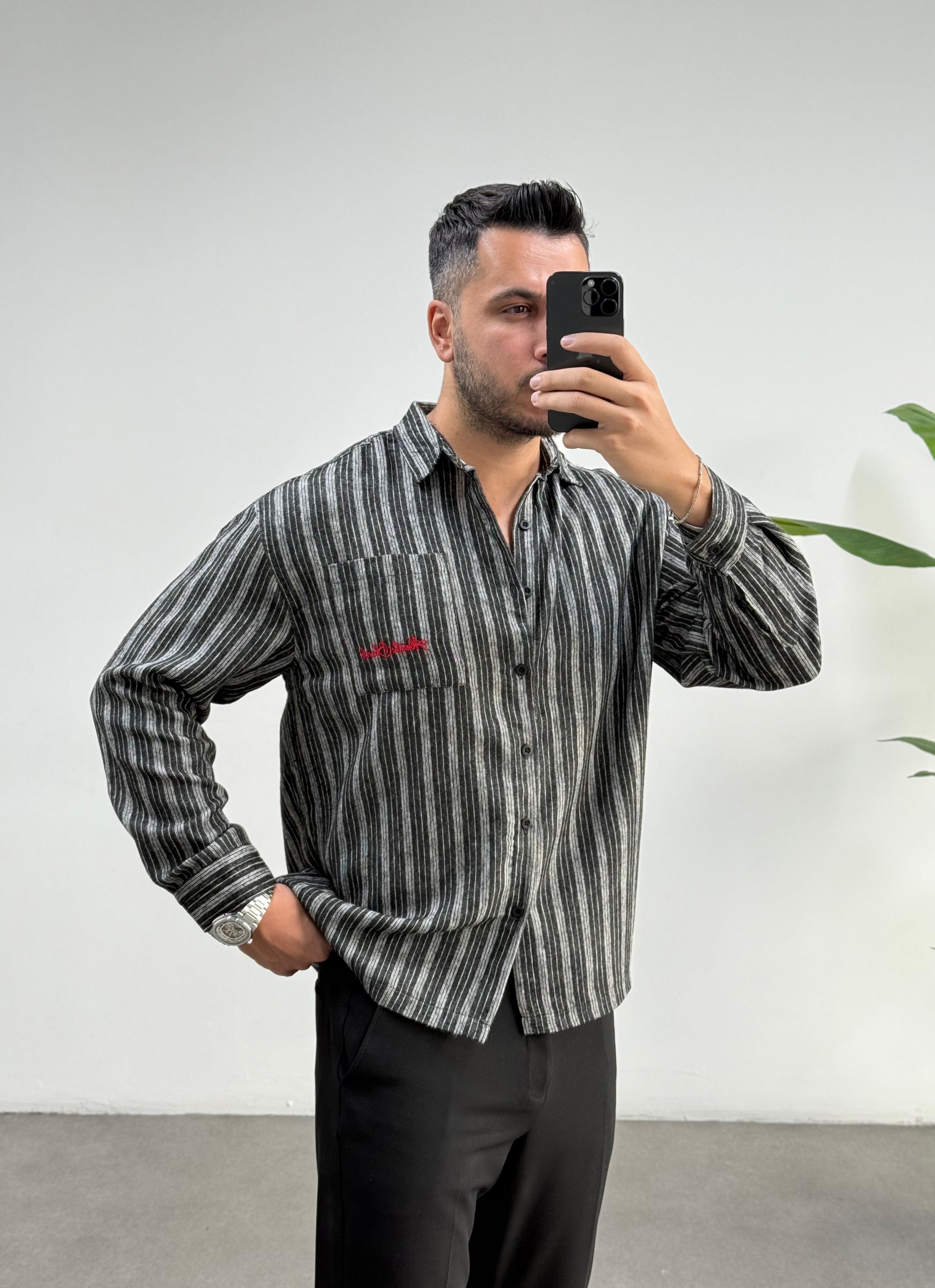 Yün Kaşmir Siyah Çizgili Oversize Gömlek 