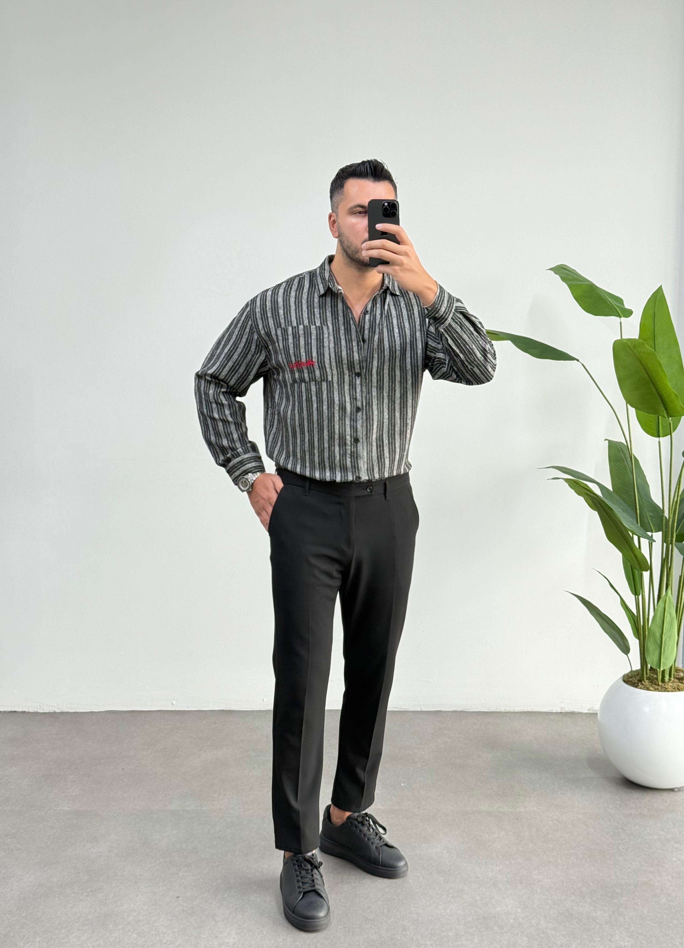 Yün Kaşmir Siyah Çizgili Oversize Gömlek 