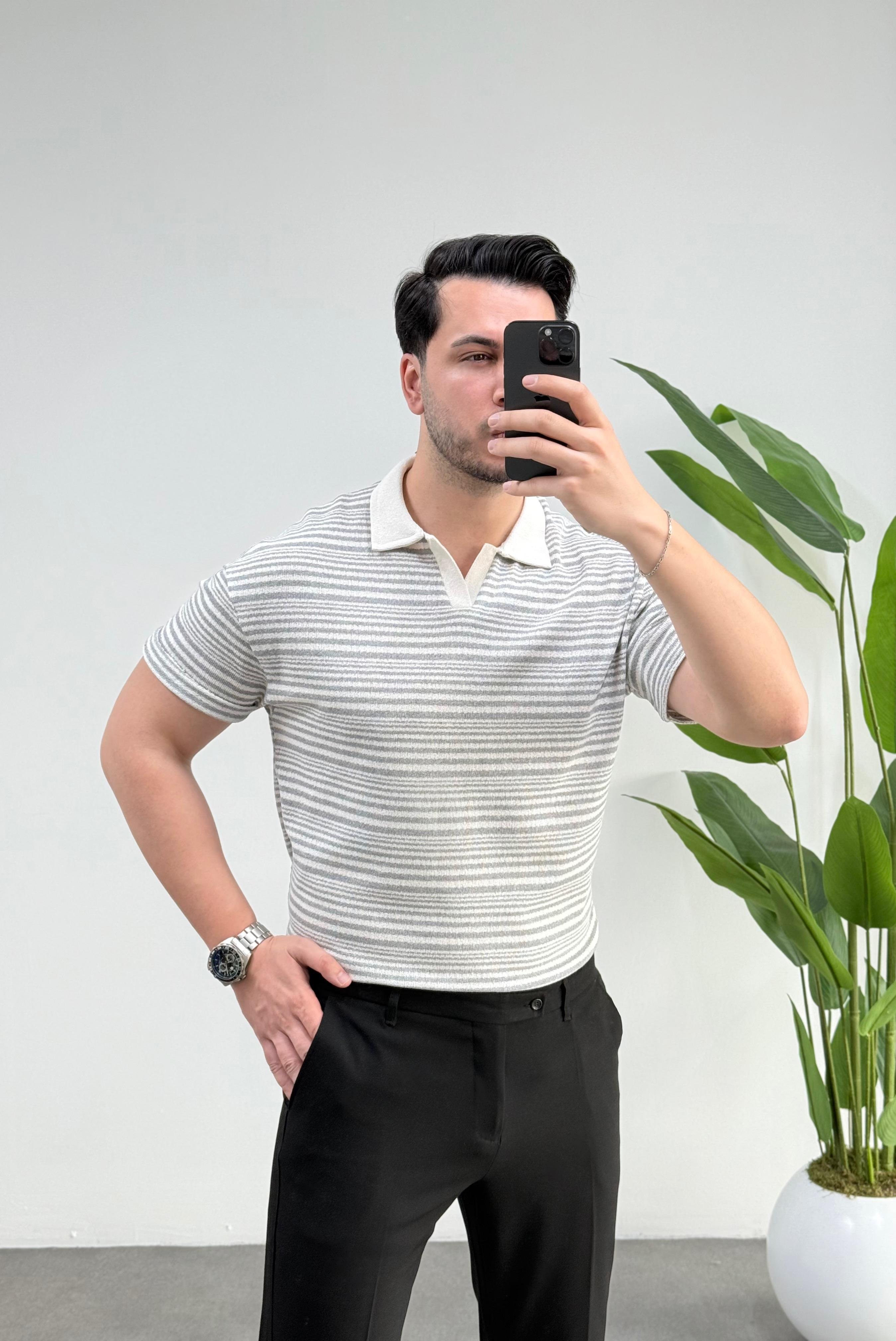 Zeo Gri Desen Polo Yaka Örme Tişört 