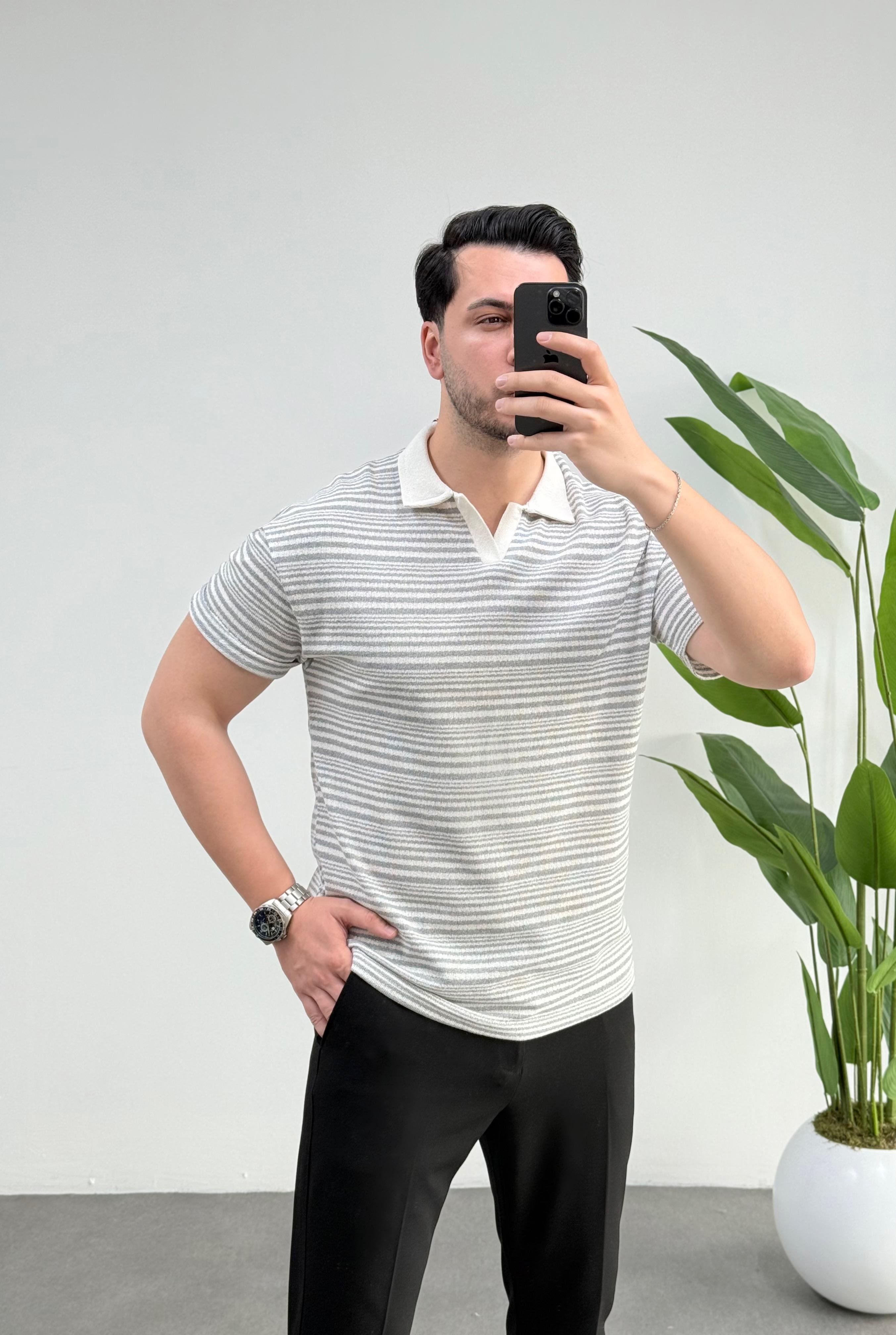 Zeo Gri Desen Polo Yaka Örme Tişört 