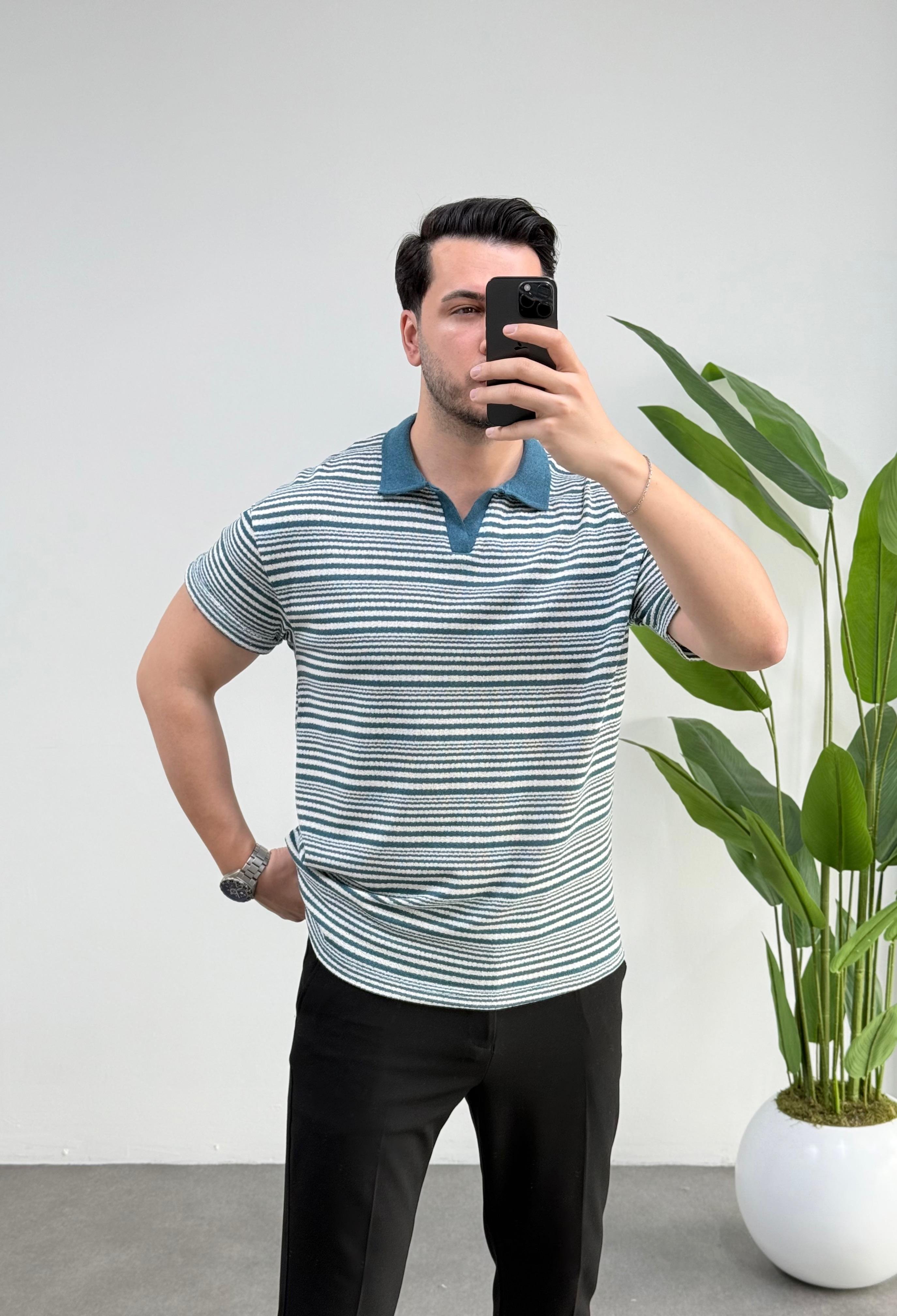 Zeo Yeşil Desen Polo Yaka Örme Tişört 