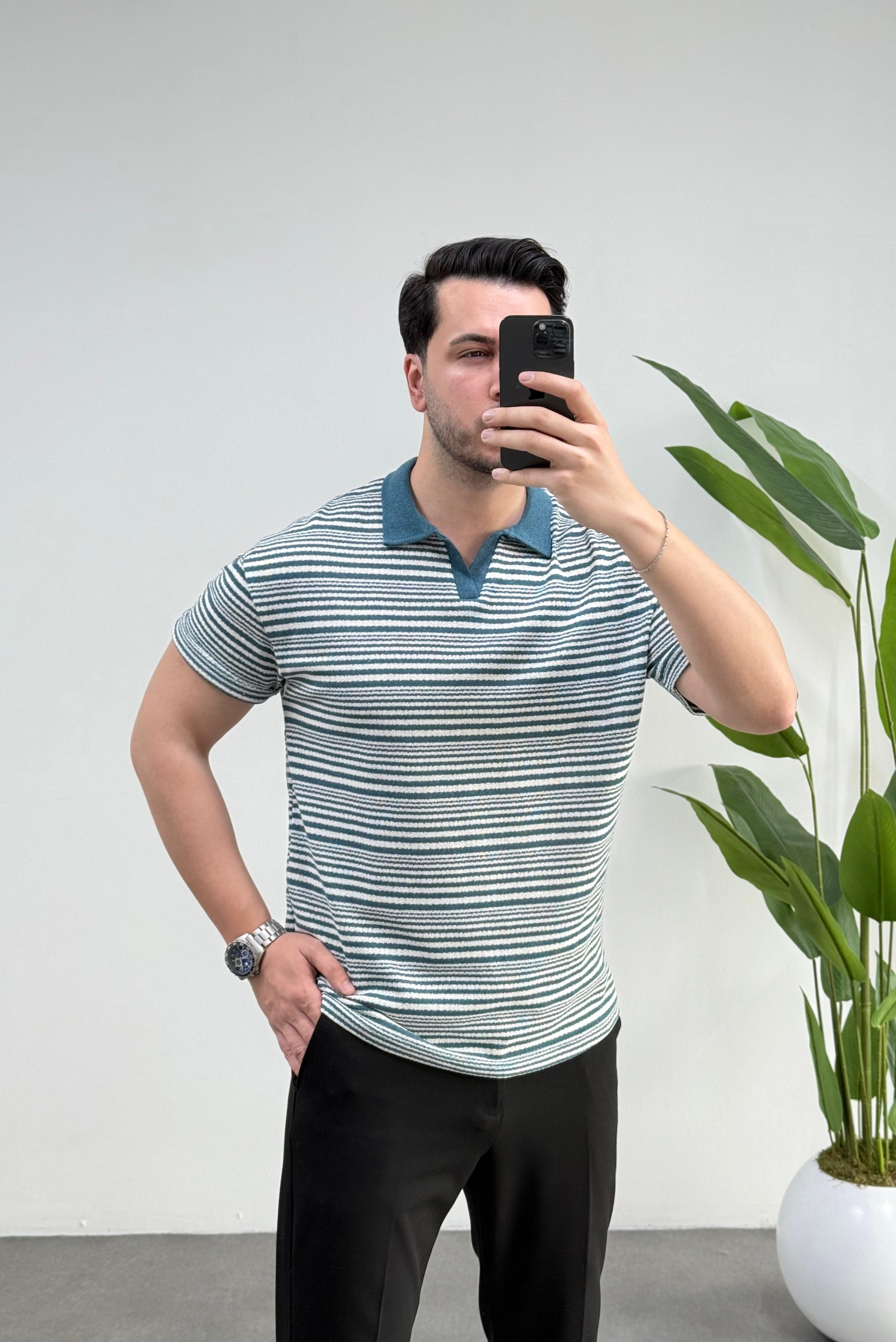 Zeo Yeşil Desen Polo Yaka Örme Tişört 