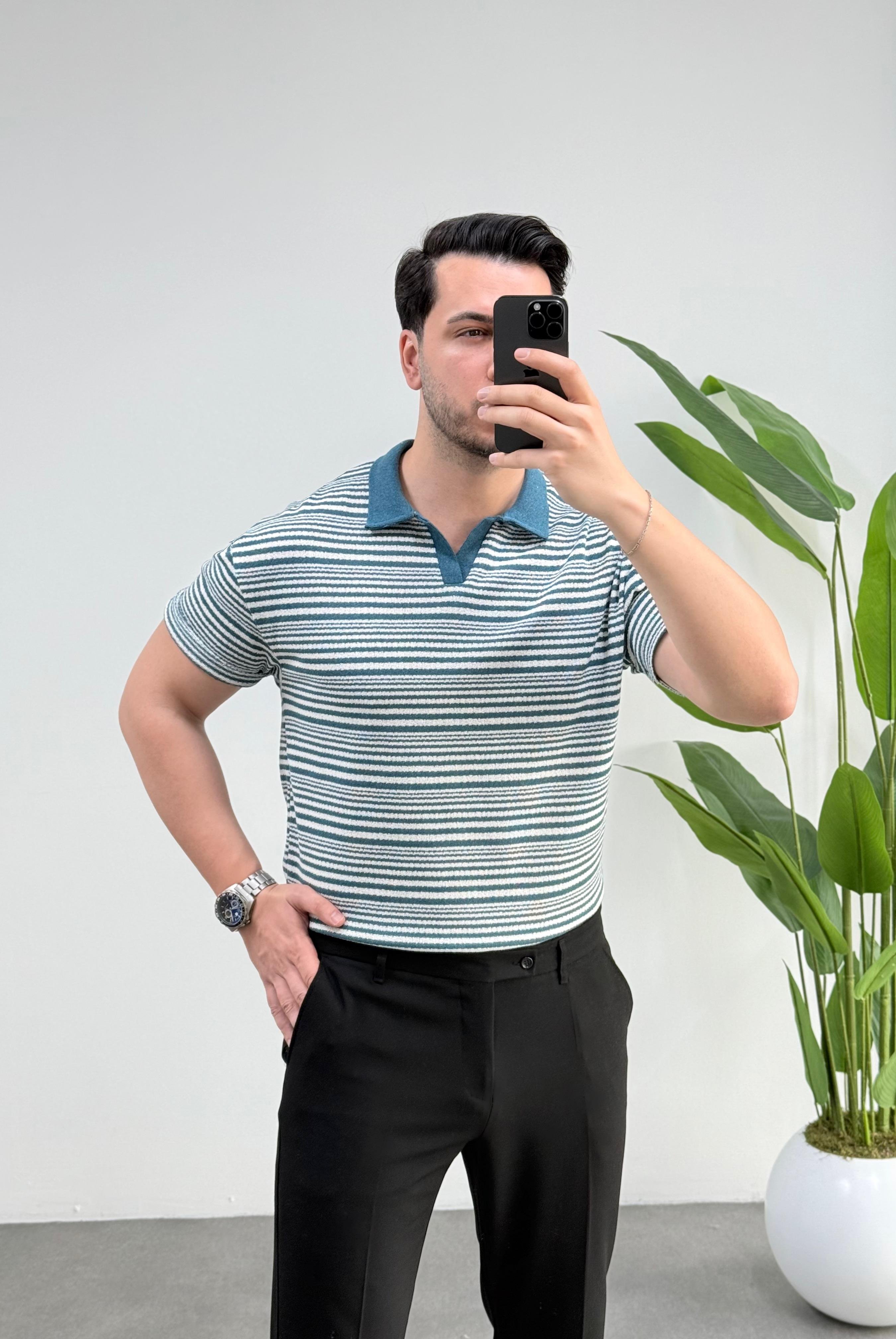 Zeo Yeşil Desen Polo Yaka Örme Tişört 