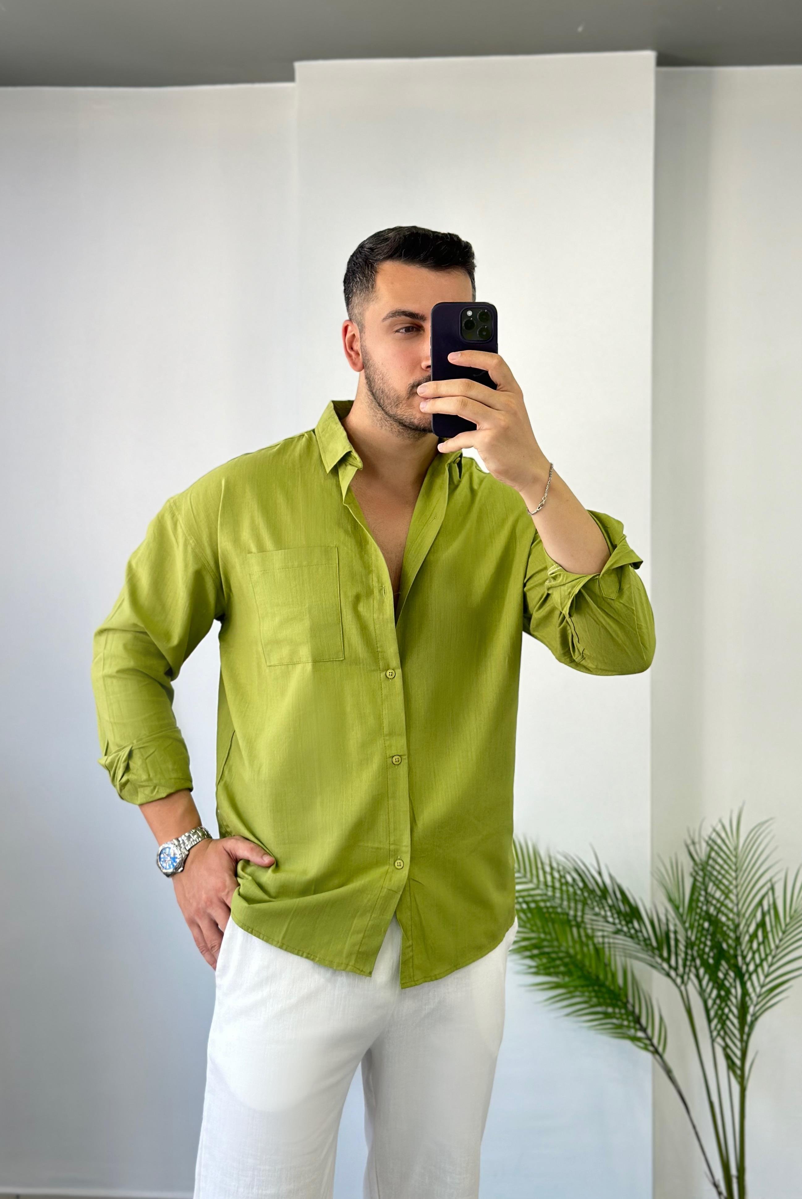 Zeytin Yeşili Cepli Oversize Keten Gömlek 