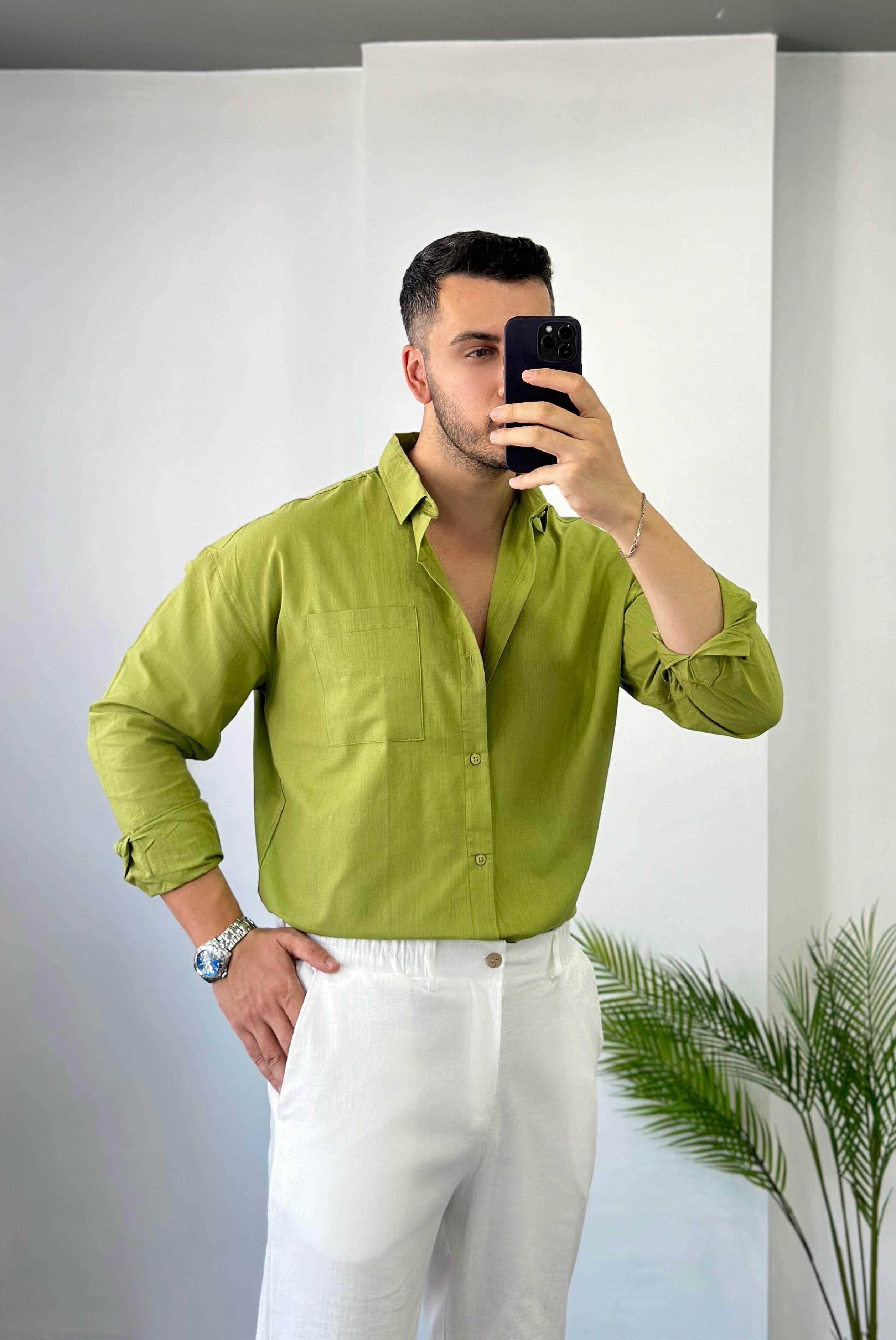 Zeytin Yeşili Cepli Oversize Keten Gömlek 